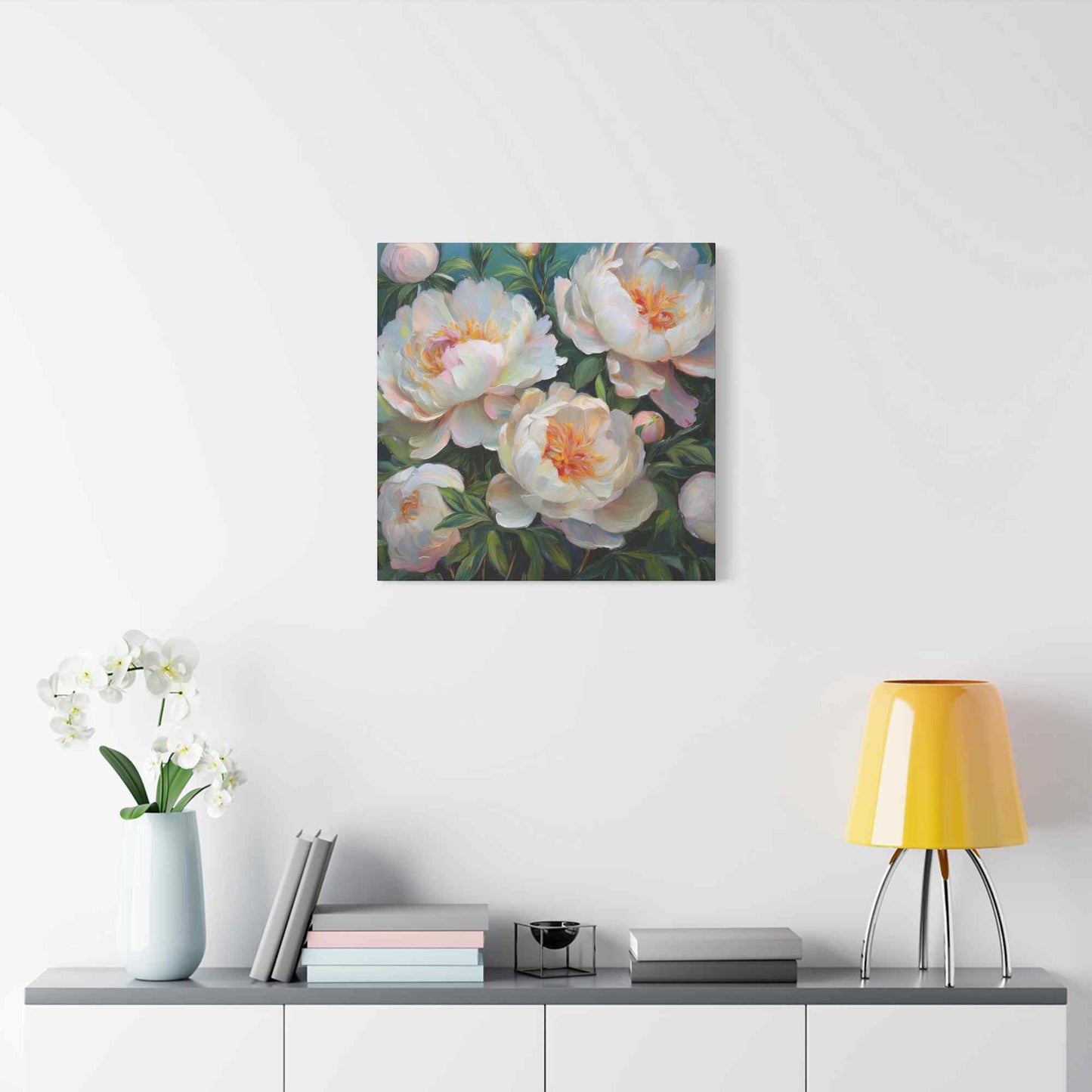 White Peonies Print Canvas, Floral Oil Paint Print 20x20, 24x24, 30x30, 32x32, 36x36 Art Design Pine-Wood Inner Frame MC-123