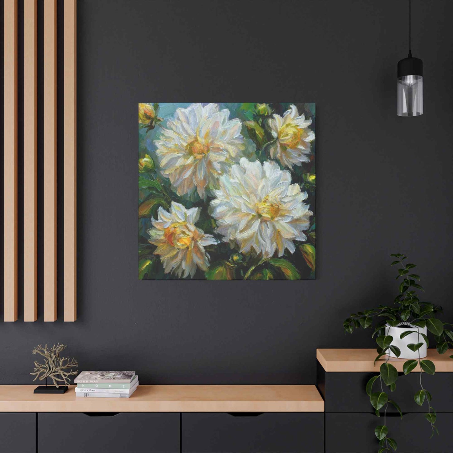 White Dahlias Print Canvas, Floral Oil Paint Print 20x20, 24x24, 30x30, 32x32, 36x36 Art Design Pine-Wood Inner Frame MC-169