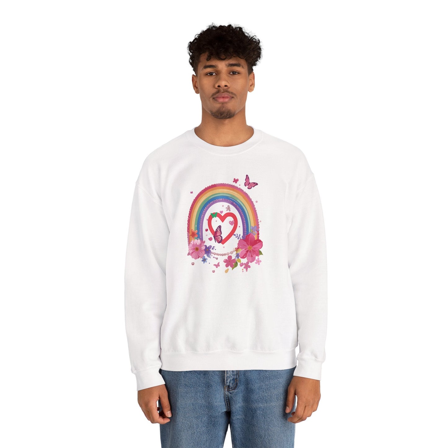 Rainbow Heart Floral Sweatshirt For Valentines Day Unisex Crewneck Gildan 18000 Premium