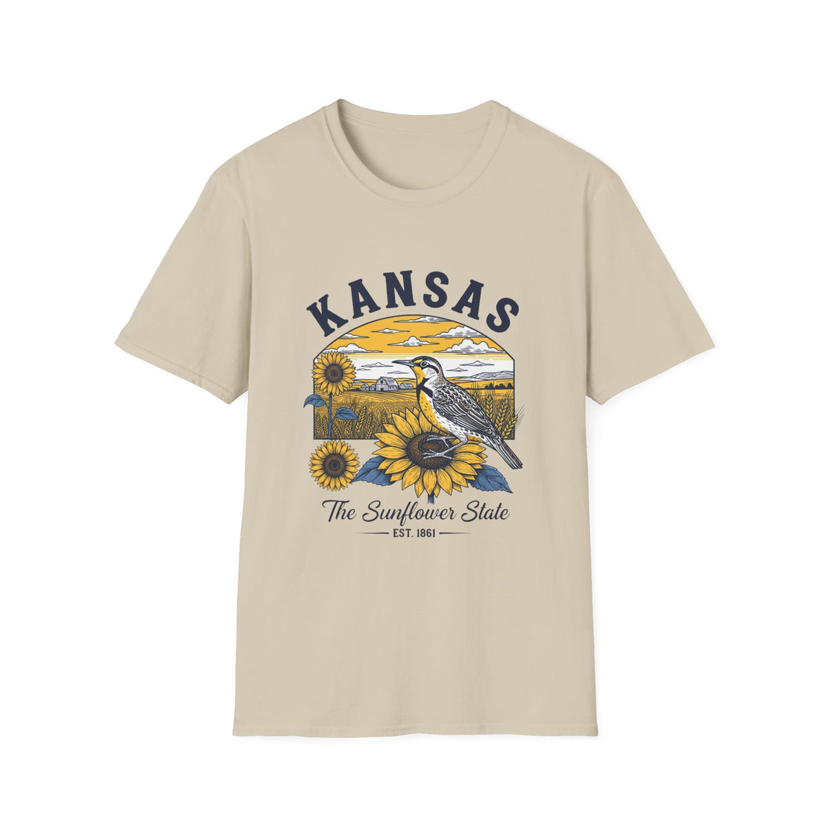 Kansas Sunflower State T-Shirt — Meadowlark Sunflowers Travel Tourist Graphic Design Unisex 100 Cotton Gildan T-Shirt