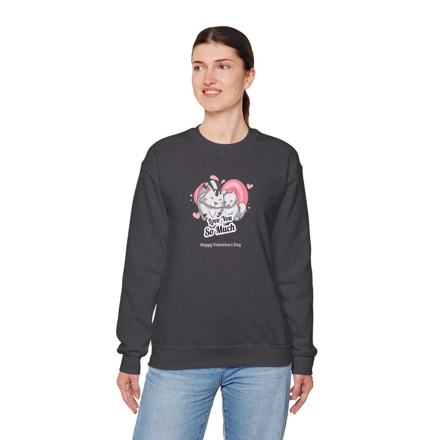 Cat Heart Sweatshirt Valentines Day Unisex 50 50 Cotton Poly Crewneck Gildan 18000