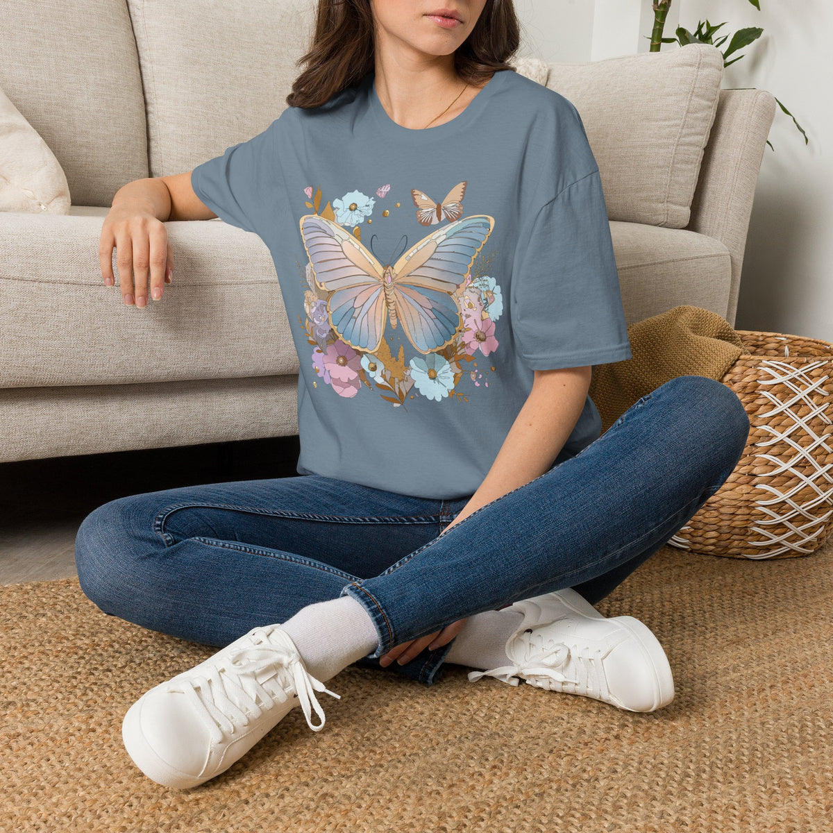 Butterfly Bloom T-Shirt — Pastel Floral Butterfly Graphic Design Unisex 100 Cotton Gildan T-Shirt