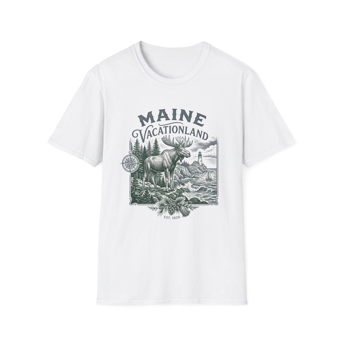 Maine Vacationland T-Shirt – Vintage Moose, Lighthouse State Travel Travel Tourist Graphic Design Unisex 100 Cotton Gildan T-Shirt