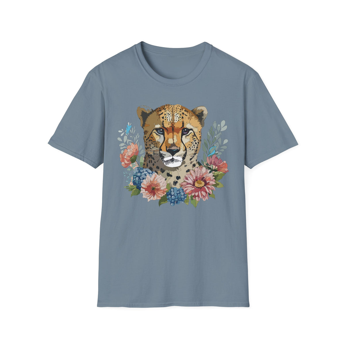 Floral Cheetah Face T-Shirt | Wild Cat Illustration, Botanical Accent