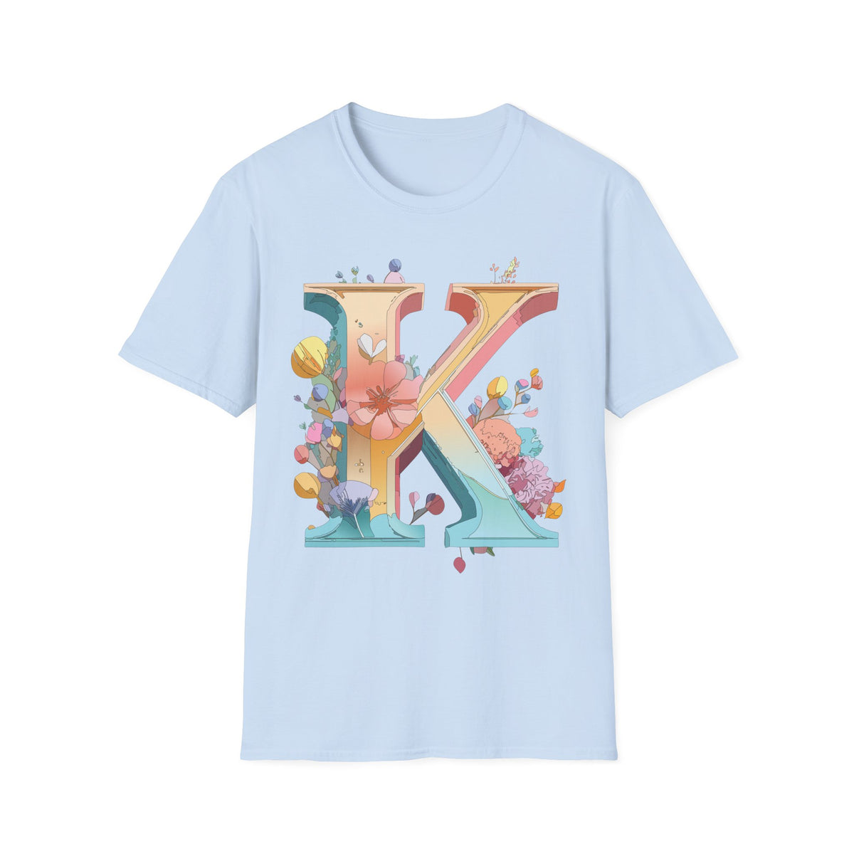 Floral Letter K T-Shirt | Monogram Initial K Tee, Botanical Alphabet Shirt