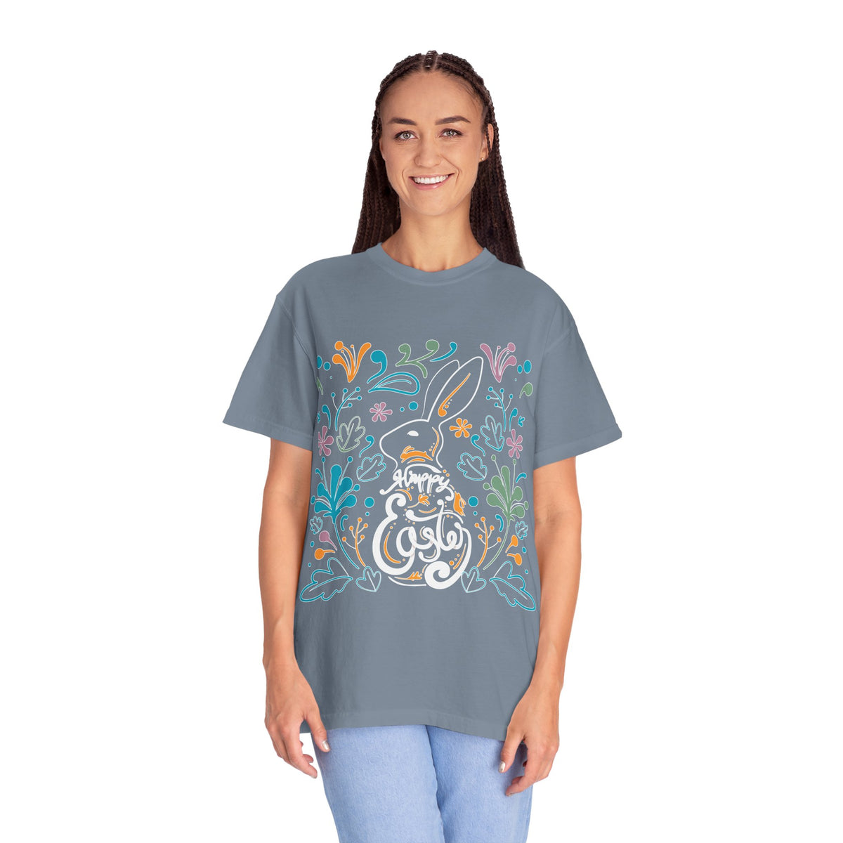 Easter Bunny Floral T-Shirt, Tee Shirt with Easter Signature, T Shirt with Easter Prints, Tee Shirt with Easter Design