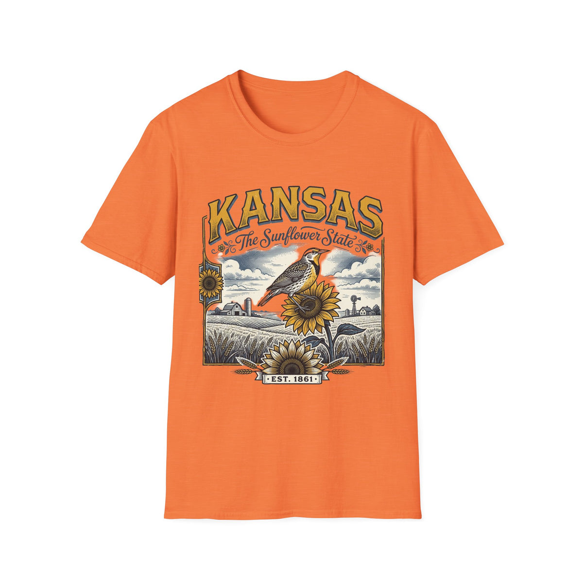 Kansas The Sunflower State T-Shirt | Vintage Meadow Bird Sunflower Design