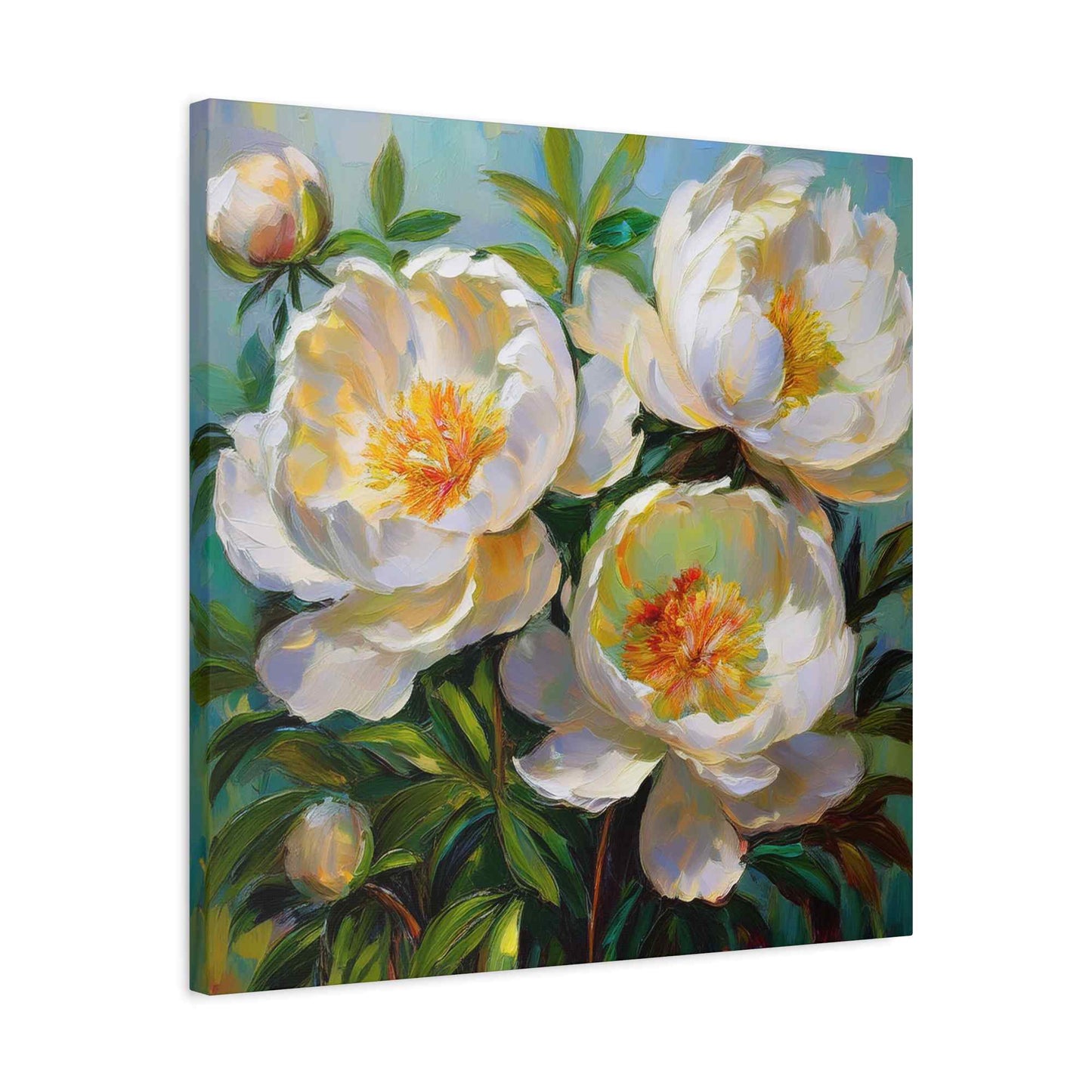 White Peonies Print Canvas, Floral Oil Paint Print 20x20, 24x24, 30x30, 32x32, 36x36 Art Design Pine-Wood Inner Frame MC-117