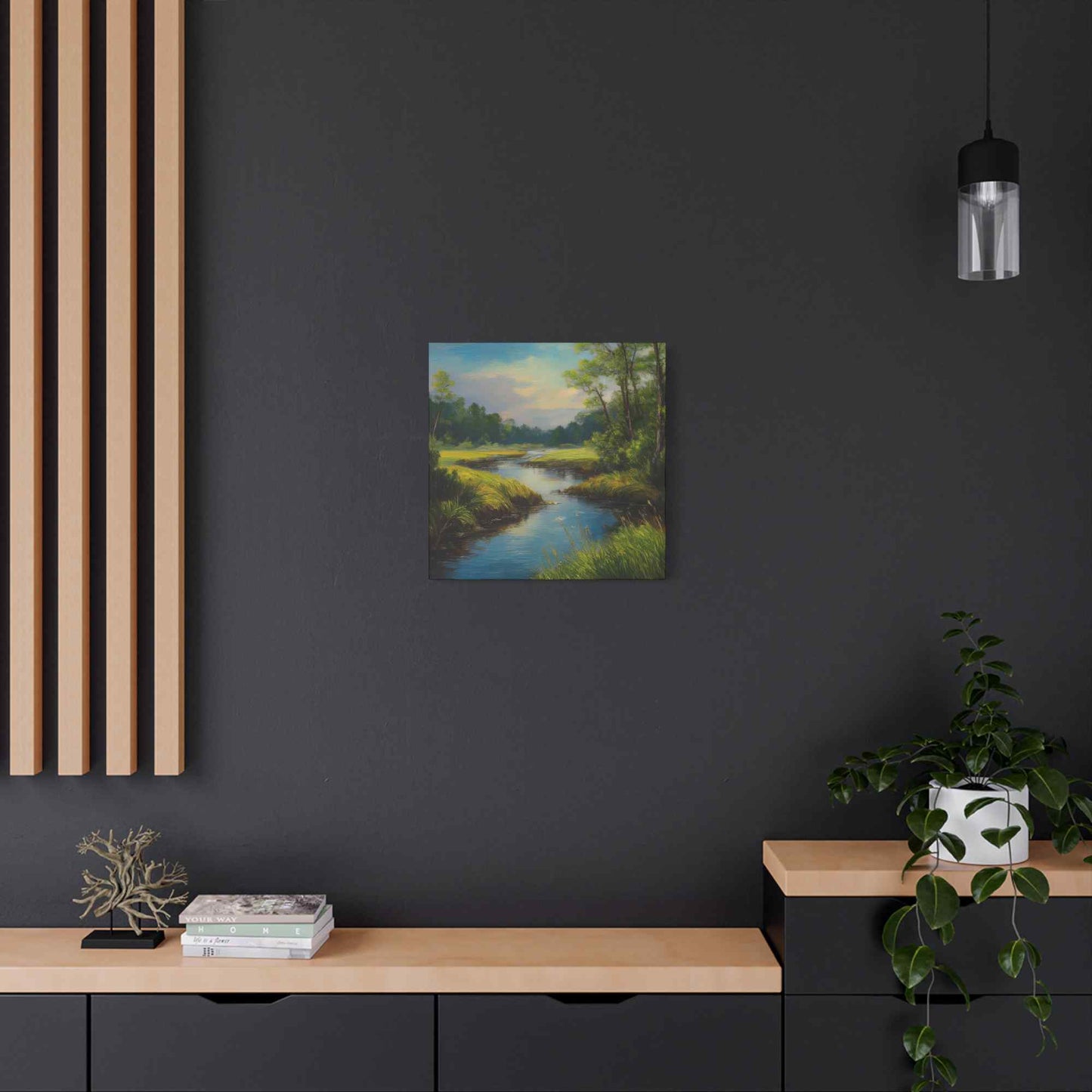 River Print Canvas, Landscape Oil Paint Print 20x20, 24x24, 30x30, 32x32, 36x36 Art Design Print Pine-Wood Inner Frame MC-52
