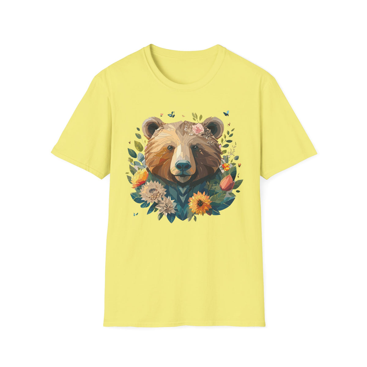 Floral Bear Illustration T-Shirt | Bear Face with Flowers