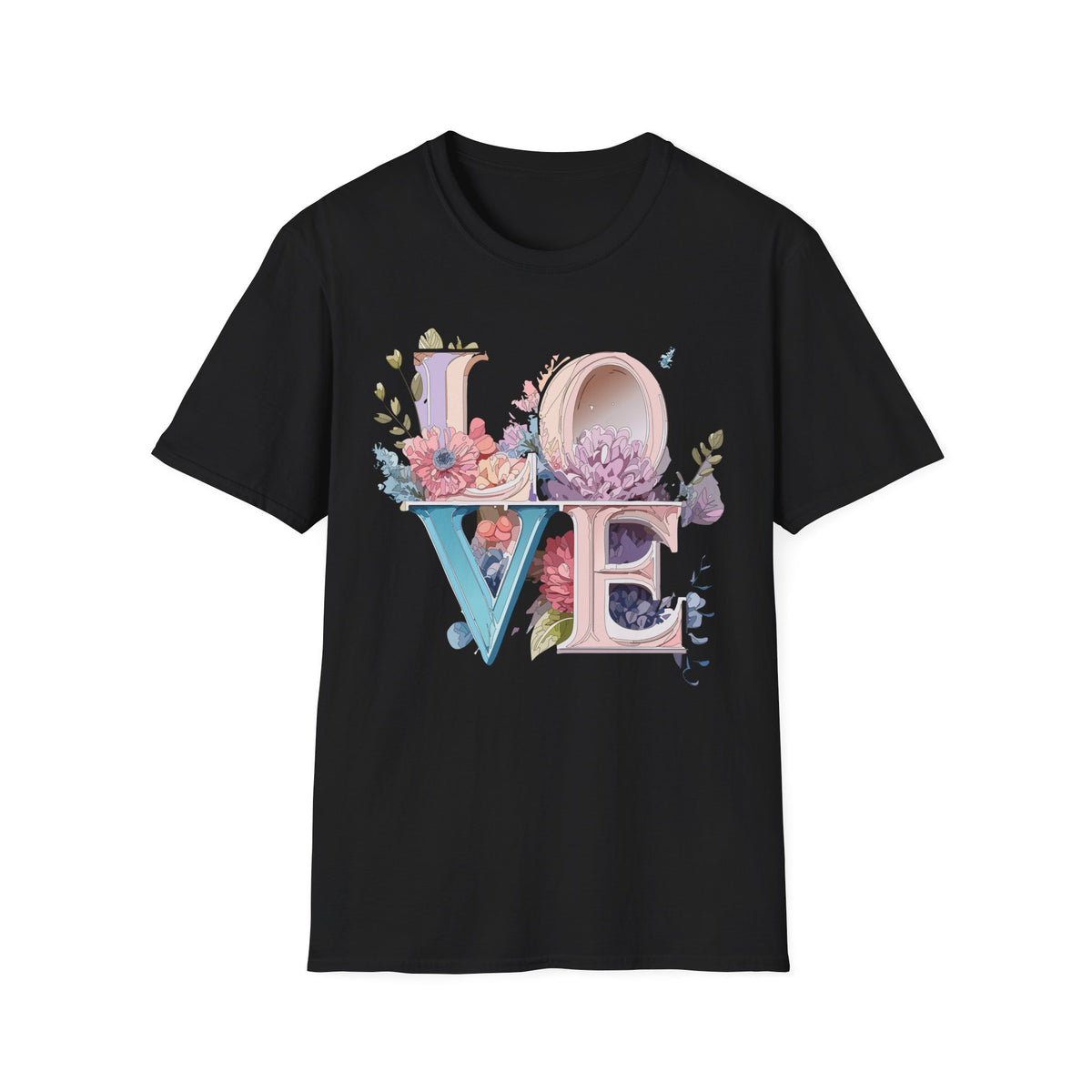 Floral LOVE Typography T-Shirt | Botanical Letter Art, Pastel Bloom Design