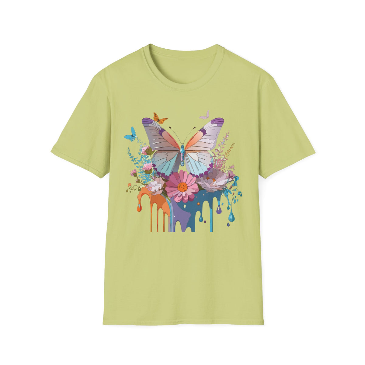 Butterfly Floral T-Shirt — Colorful Drip Art Garden Graphic Design Unisex 100 Cotton Gildan T-Shirt