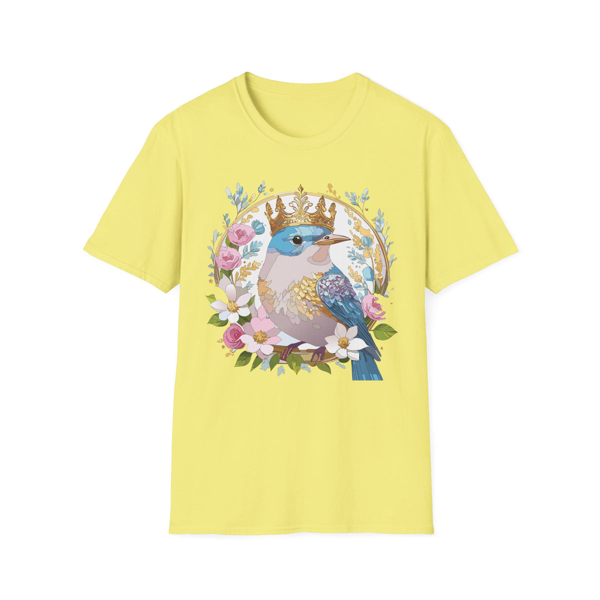 Crowned Bluebird with Floral Wreath T-Shirt | Royal Bird Illustration
