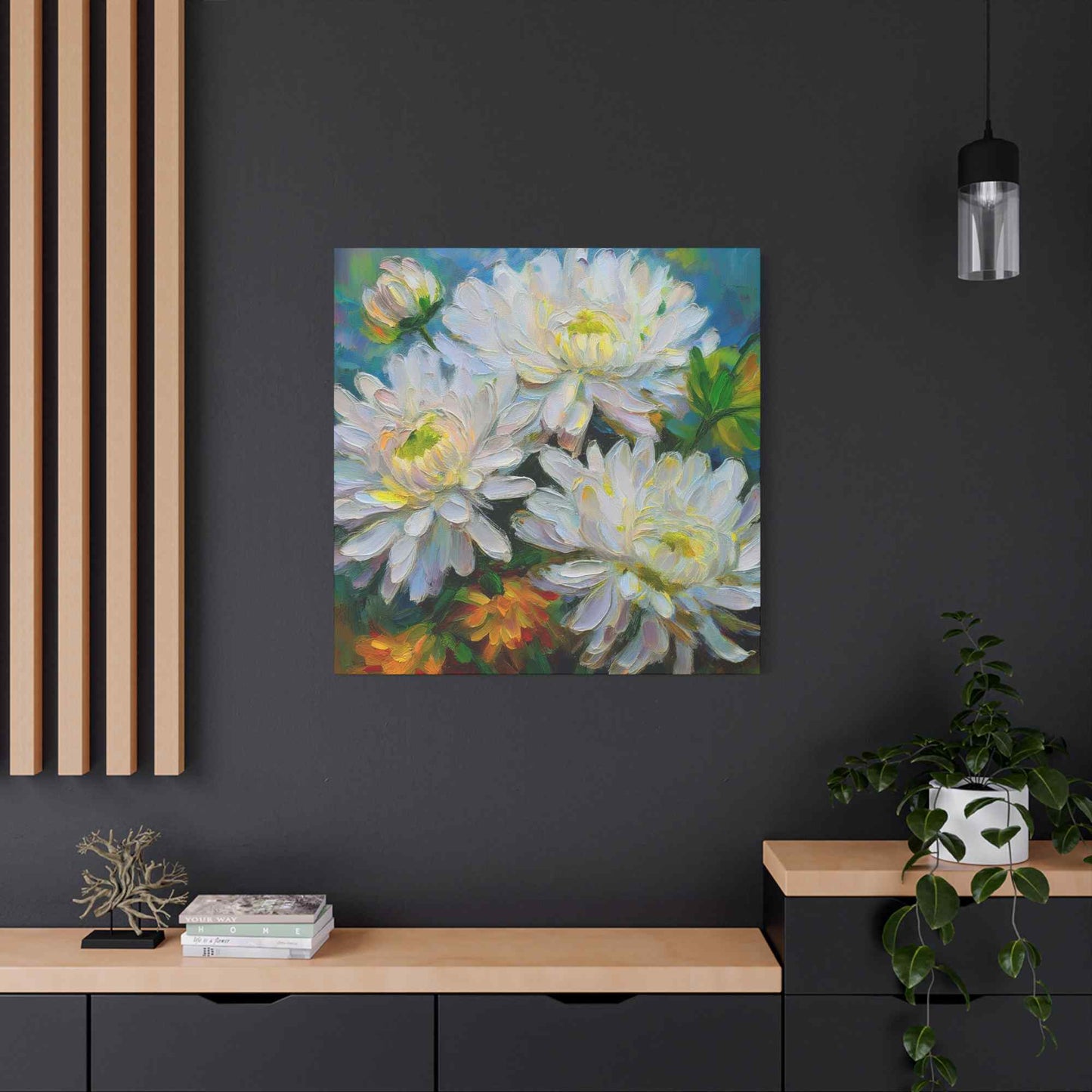 Chrysanthemums Print Canvas, Floral Oil Paint Print 20x20, 24x24, 30x30, 32x32, 36x36 Art Design Pine-Wood Inner Frame MC-161
