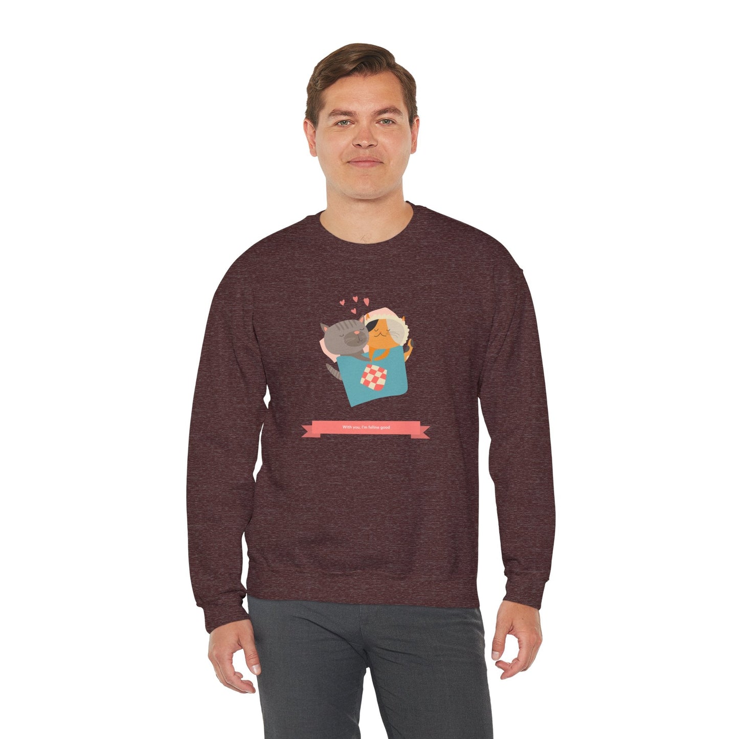Cat Heart Sweatshirt Unisex Valentines Day 50 50 Cotton Poly Crewneck Gildan 18000