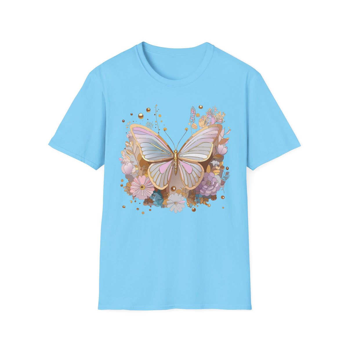 Pastel Butterfly Floral T-Shirt — Gold Accent Butterfly Graphic Design Unisex 100 Cotton Gildan T-Shirt