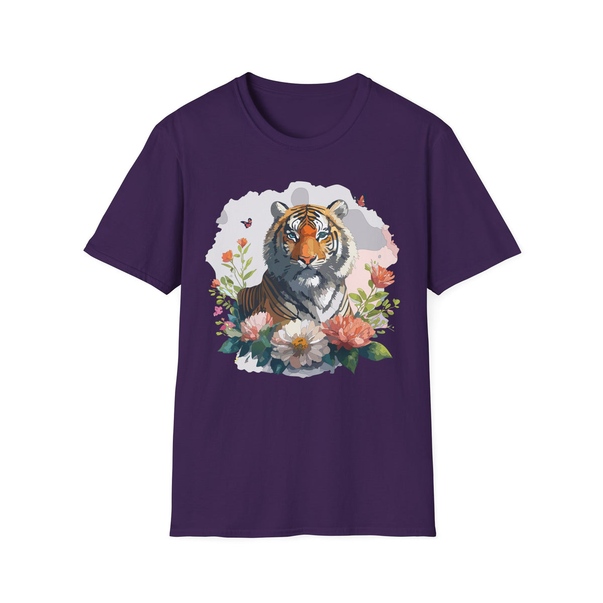 Floral Tiger Illustration T-Shirt | Tiger Portrait Tee, Butterfly Accents