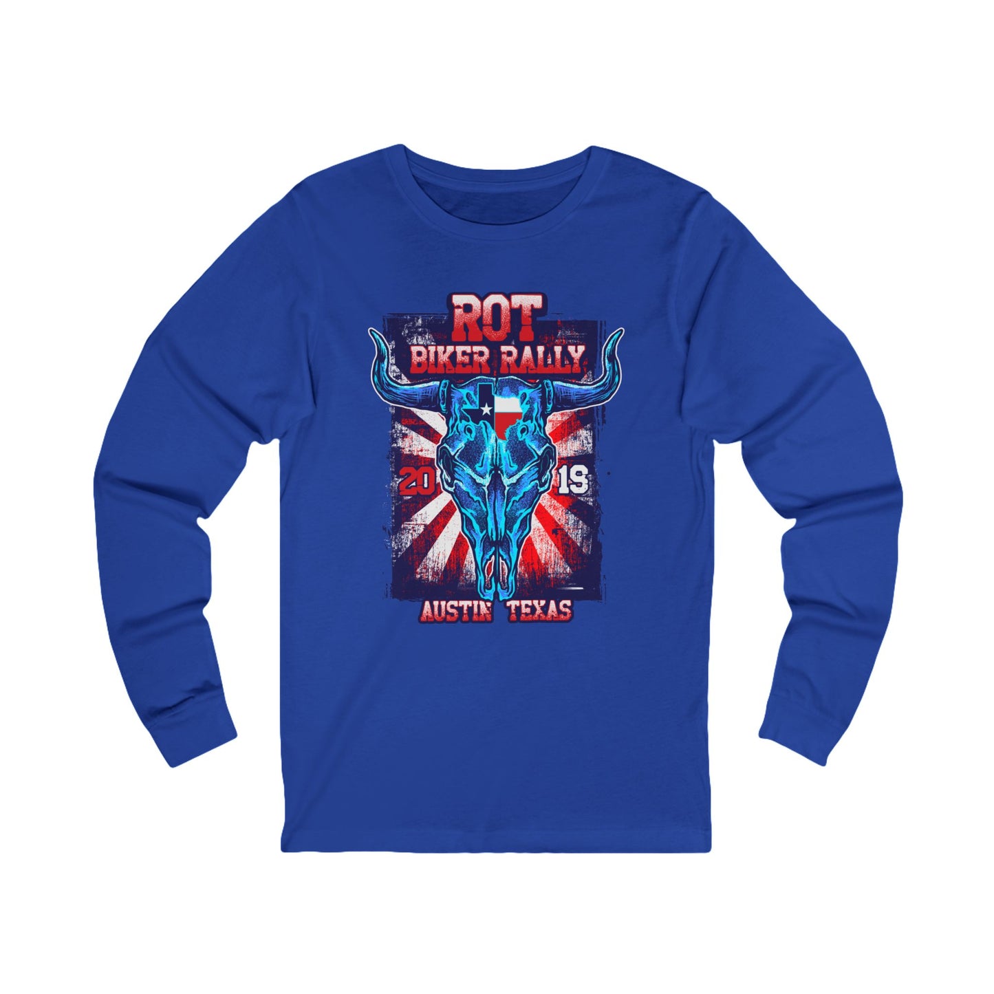 Biker Rally Unisex Bull Long Sleeve Tee, Bull Jersey Shirt, Biker Rally T-Shirts, Rodeo Art Design Tees Austin Texas T-Shirts