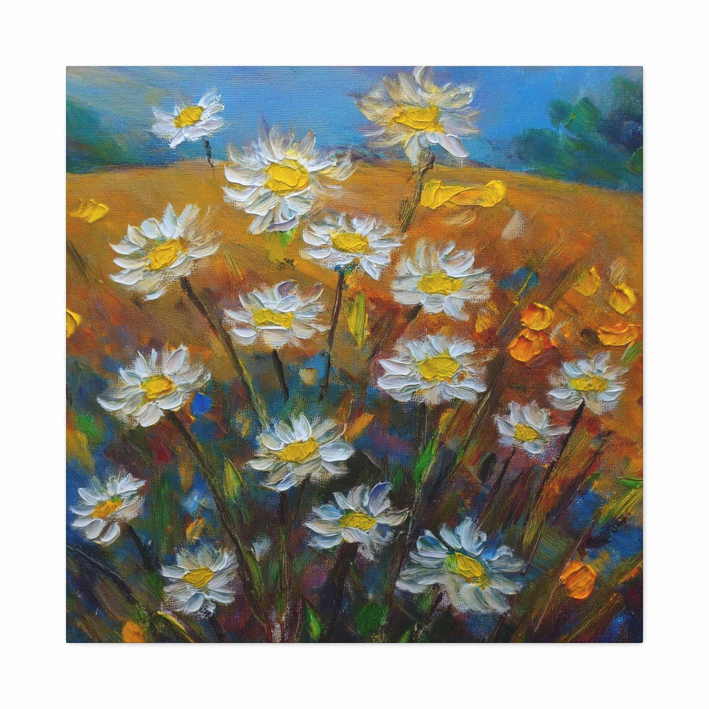 White Daisies Print Canvas, Floral Oil Paint Print 20x20, 24x24, 30x30, 32x32, 36x36 Art Design Pine-Wood Inner Frame MC-126