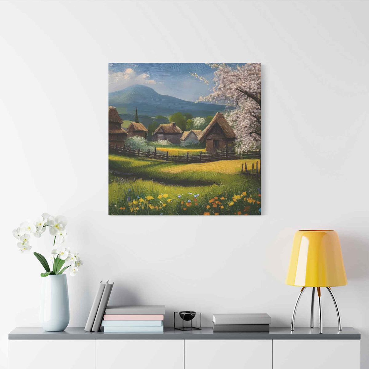 Countryside Spring Print Canvas, Oil Paint Print 20x20, 24x24, 30x30, 32x32, 36x36 Art Design Pine-Wood Inner Frame MC-110