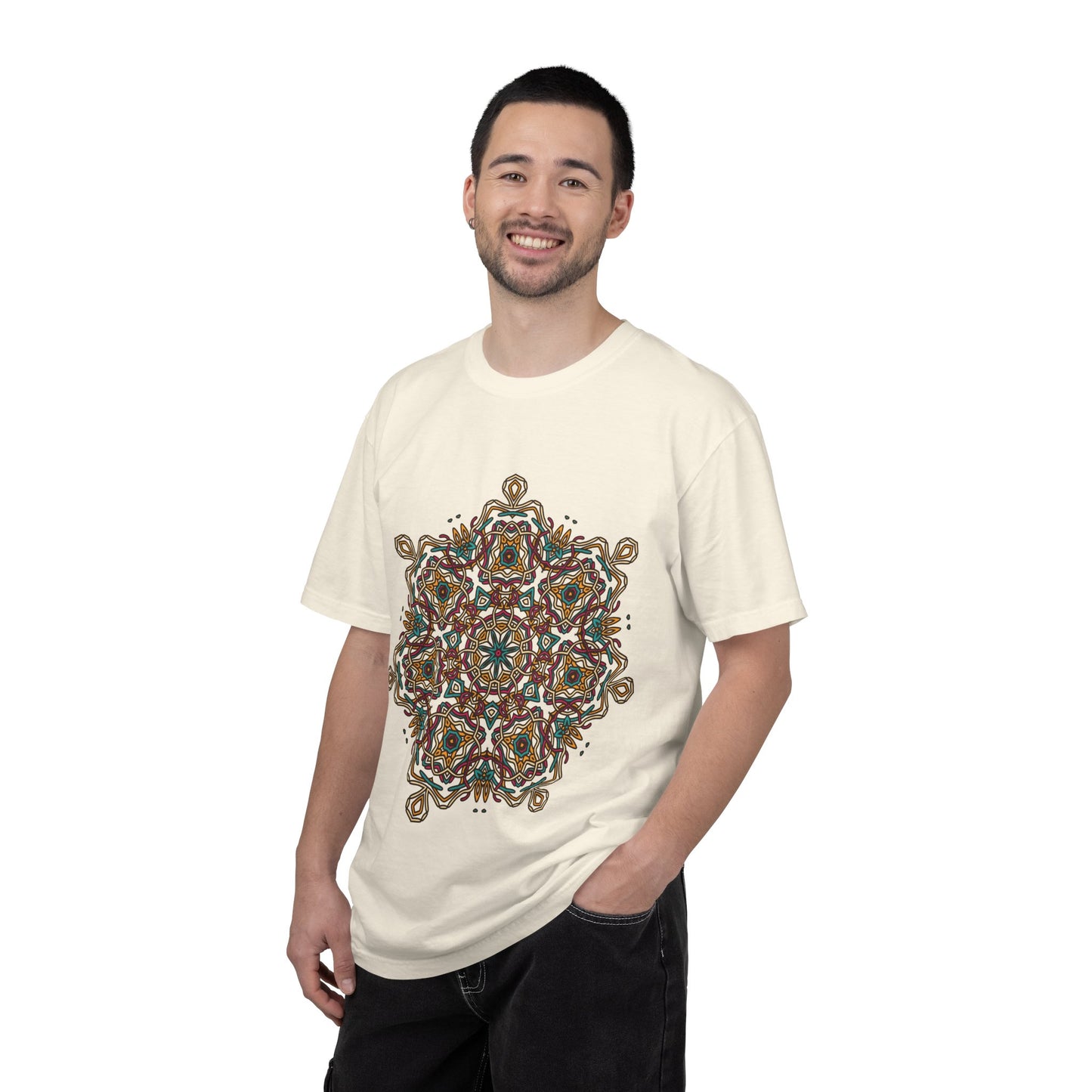 Unisex Garment Dyed Cotton T-Shirt with Mandala Graphic Design