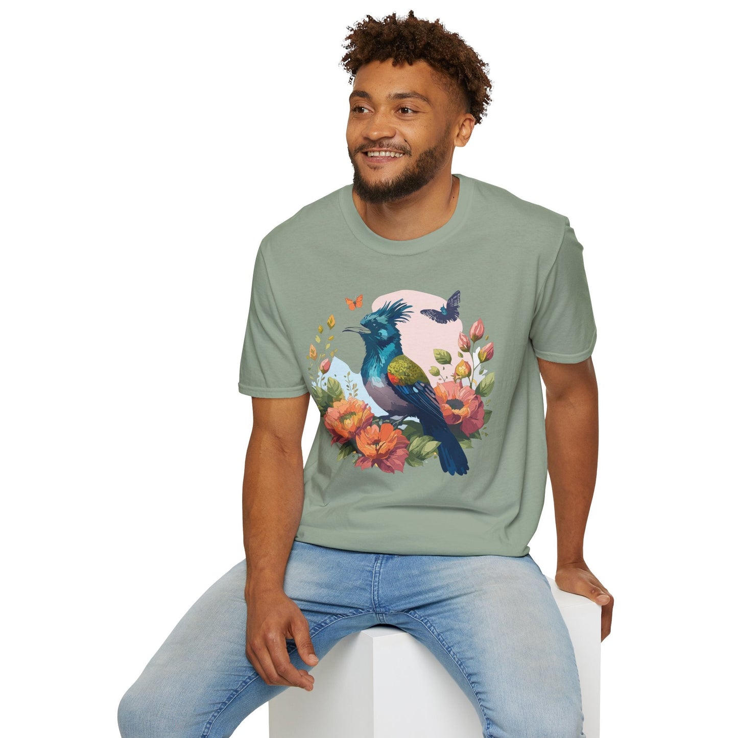 Floral Bird T Shirt Unisex Tee 100 Percent Ring Spun Cotton Softstyle Gildan 64000 Comfort Fit