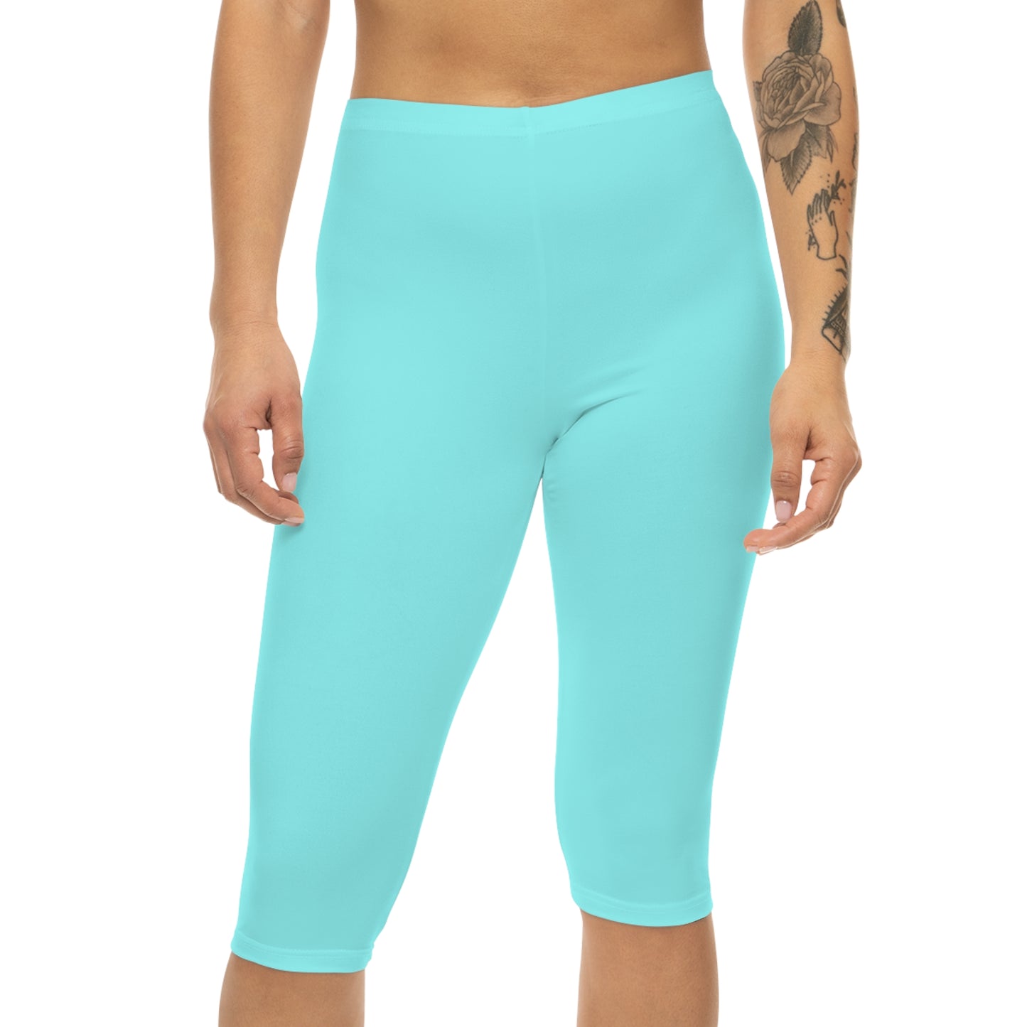 Pale Cyan Blue Color Women's Brushed Suede Poly Span Casual Capri Leggings XS-2XL