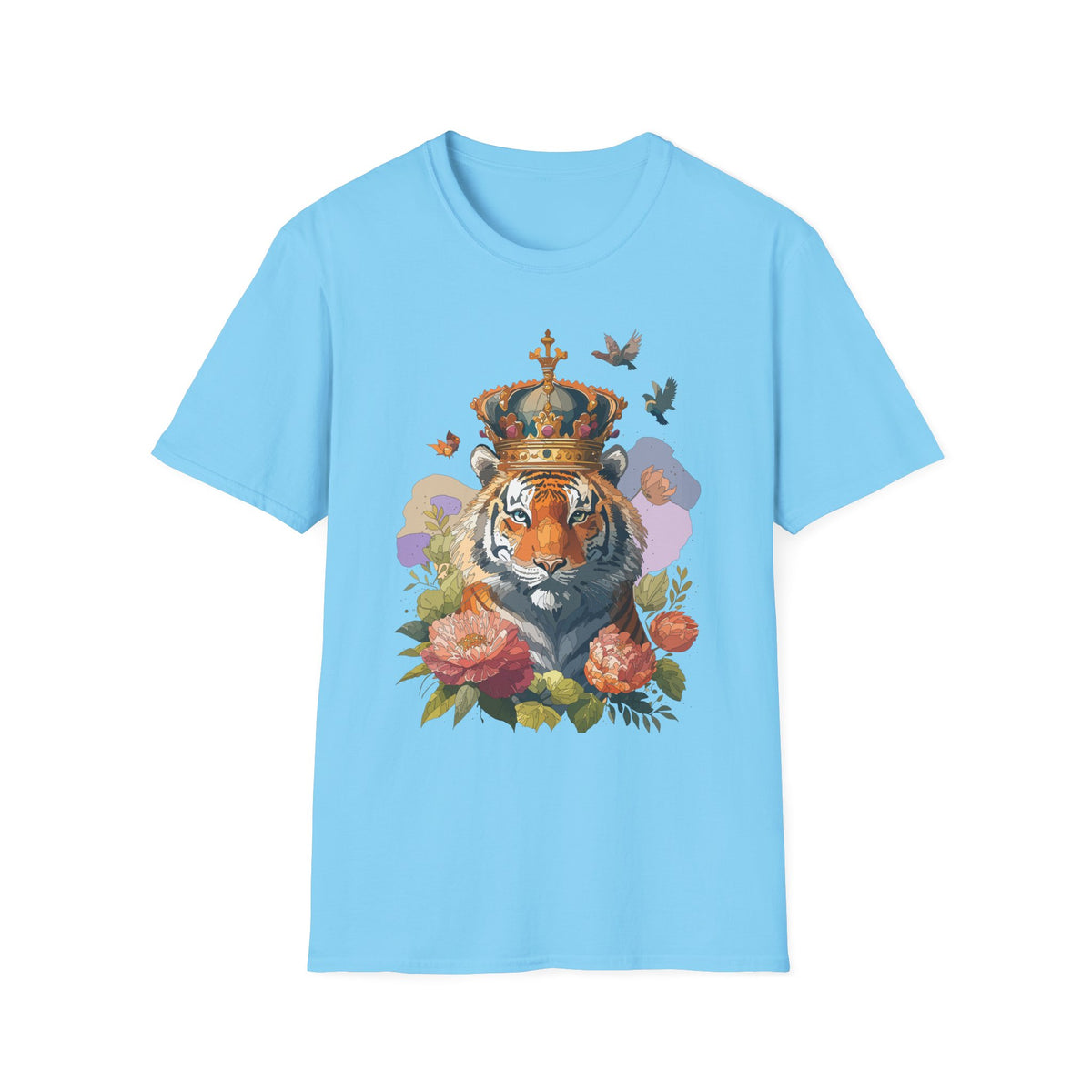 Crowned Tiger Illustration T-Shirt | Floral, Birds, Regal Wildlife Art - Unisex 100 Cotton Gildan 64000
