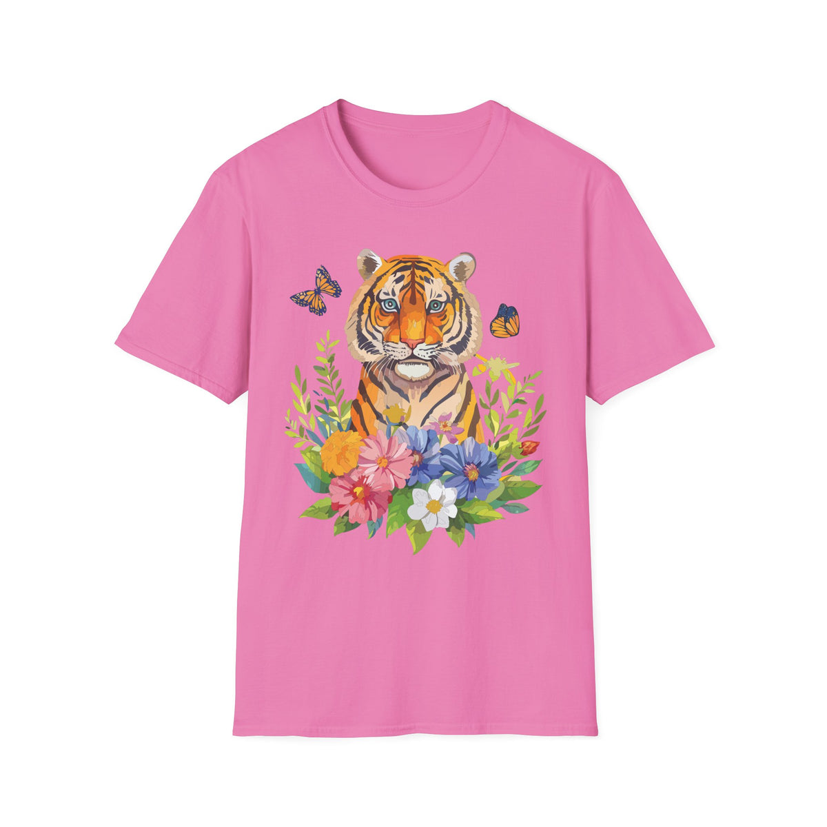 Tiger Portrait T-Shirt | Watercolor Tiger with Butterflies and Floral Accents Graphic Tee Unisex 100 Cotton Gildan T-Shirt