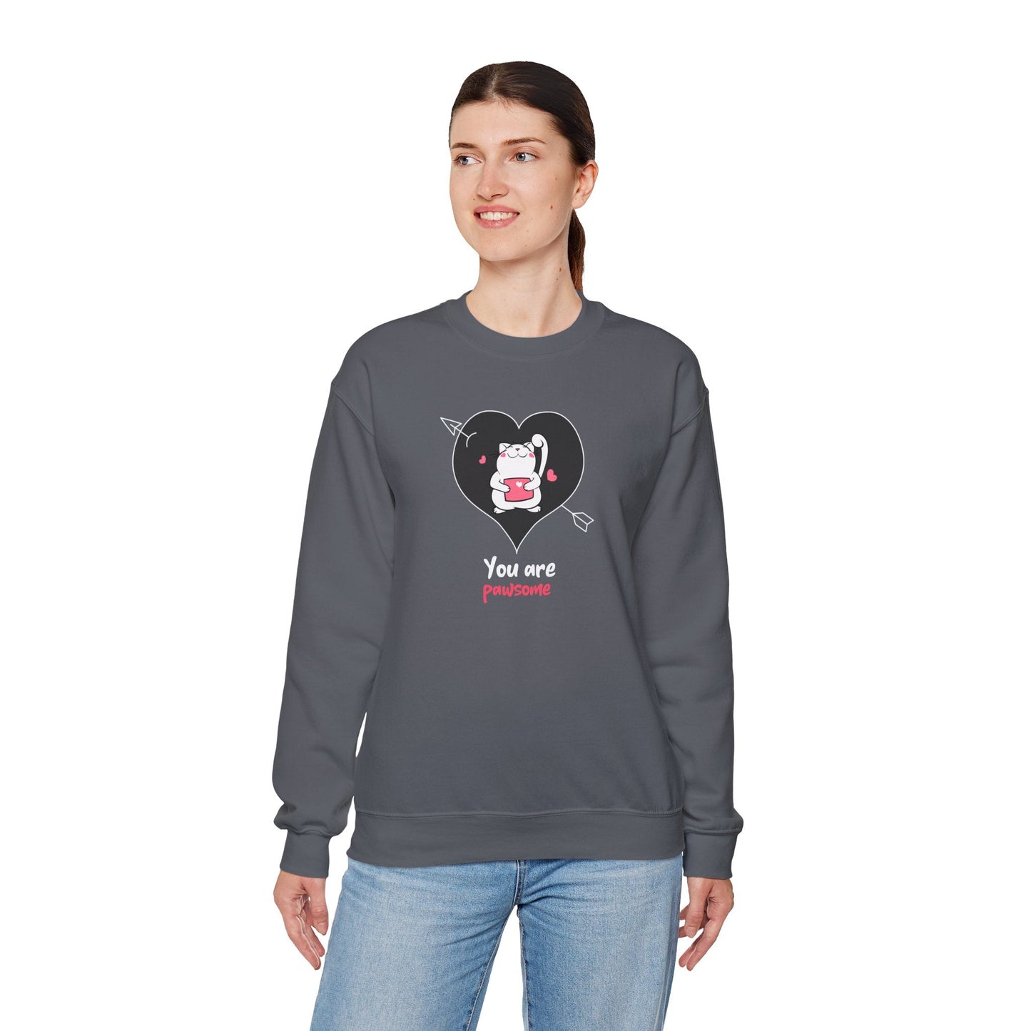 Cat Heart Sweatshirt Unisex Valentines Day Fifty Fifty Cotton Poly Crewneck Gildan 18000