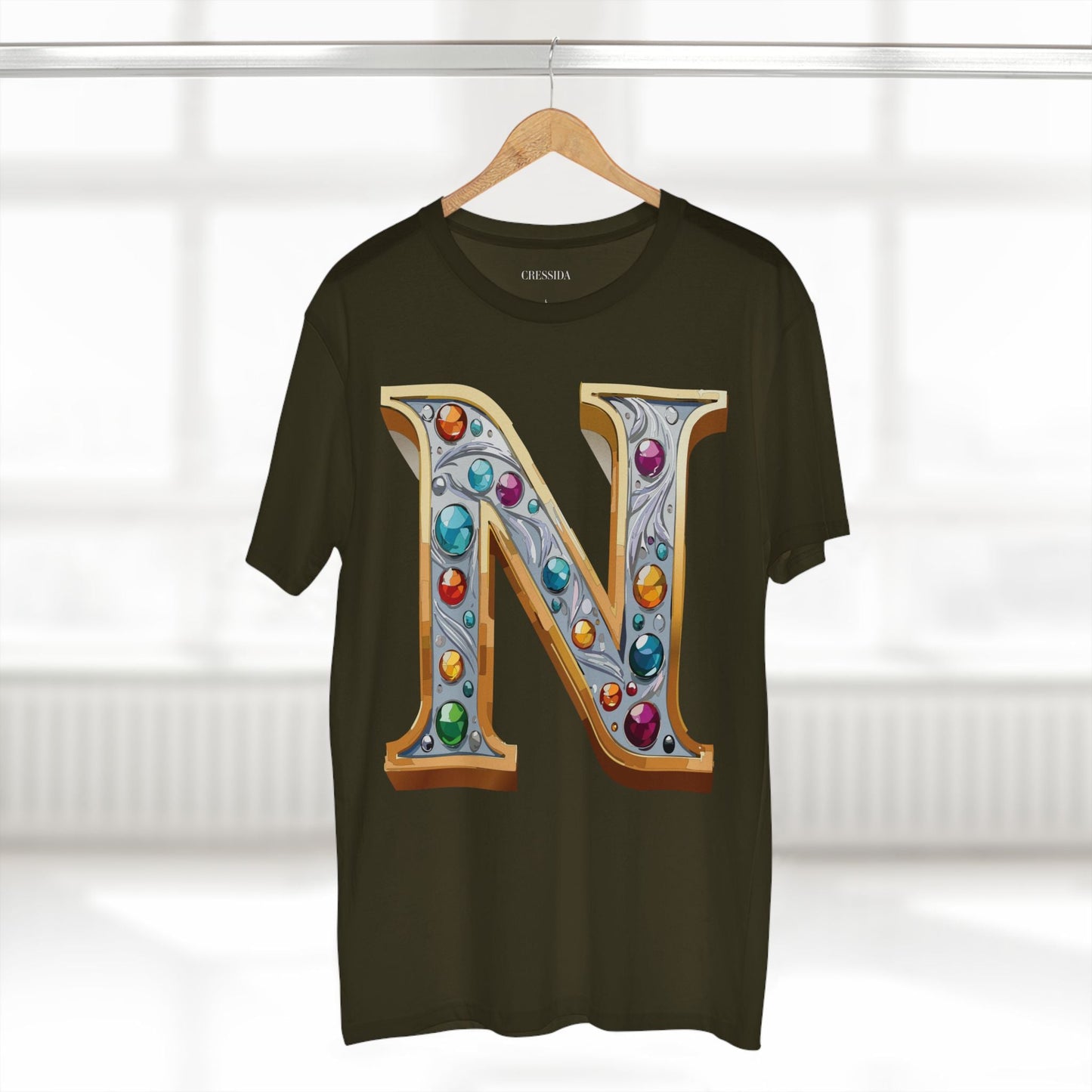 Letter N Graphic Design Tee Unisex 100 Cotton With Antique Gold Letters Artwork T-Shirt