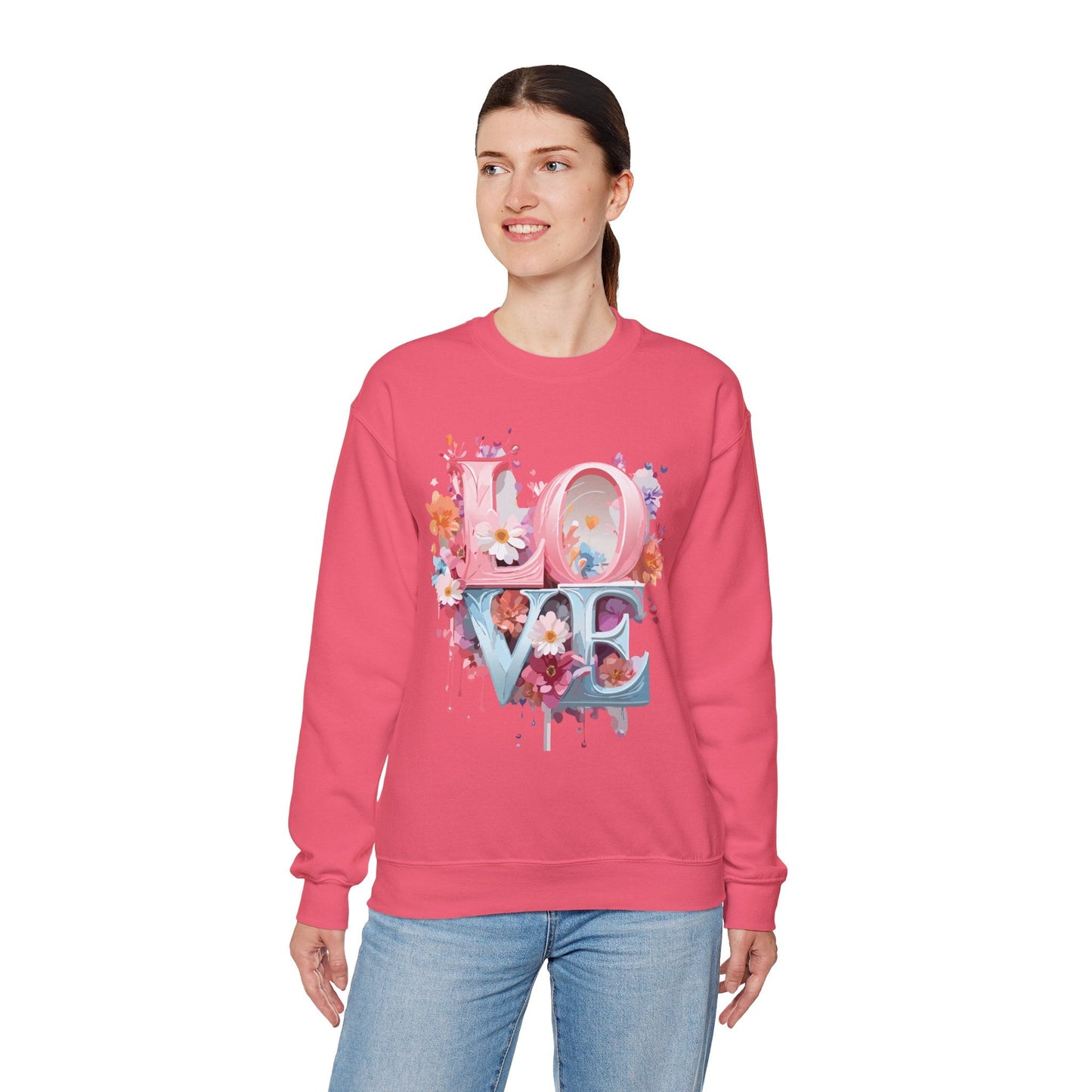 Floral Love Sweatshirt Unisex Love Flower Valentines Day Crewneck Gildan 18000 50 50 Cotton Polyester