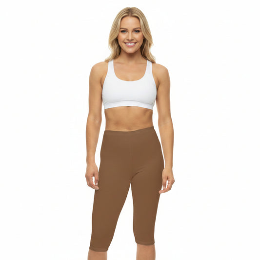 Toffee Brown Color Women's Brushed Suede Poly Span Casual Capri Leggings XS-2XL