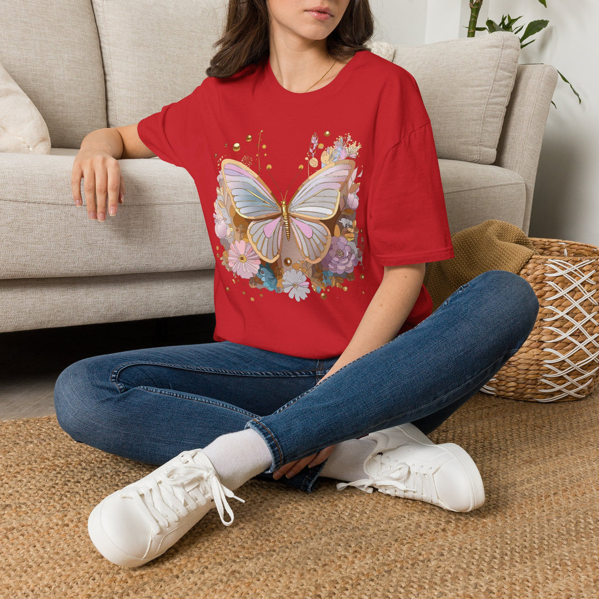Pastel Butterfly Floral T-Shirt — Gold Accent Butterfly Graphic Design Unisex 100 Cotton Gildan T-Shirt