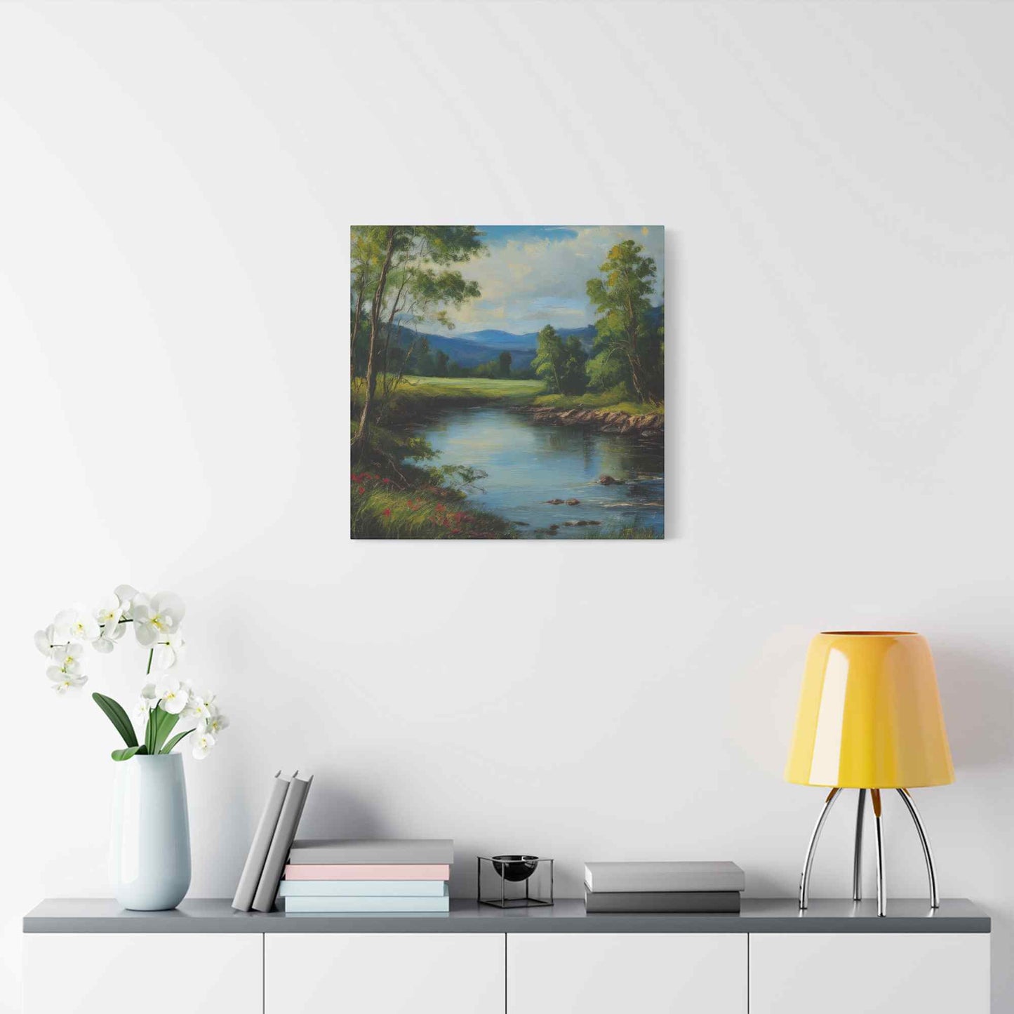 River Print Canvas, Landscape Oil Paint Print 20x20, 24x24, 30x30, 32x32, 36x36 Art Design Print Pine-Wood Inner Frame MC-53