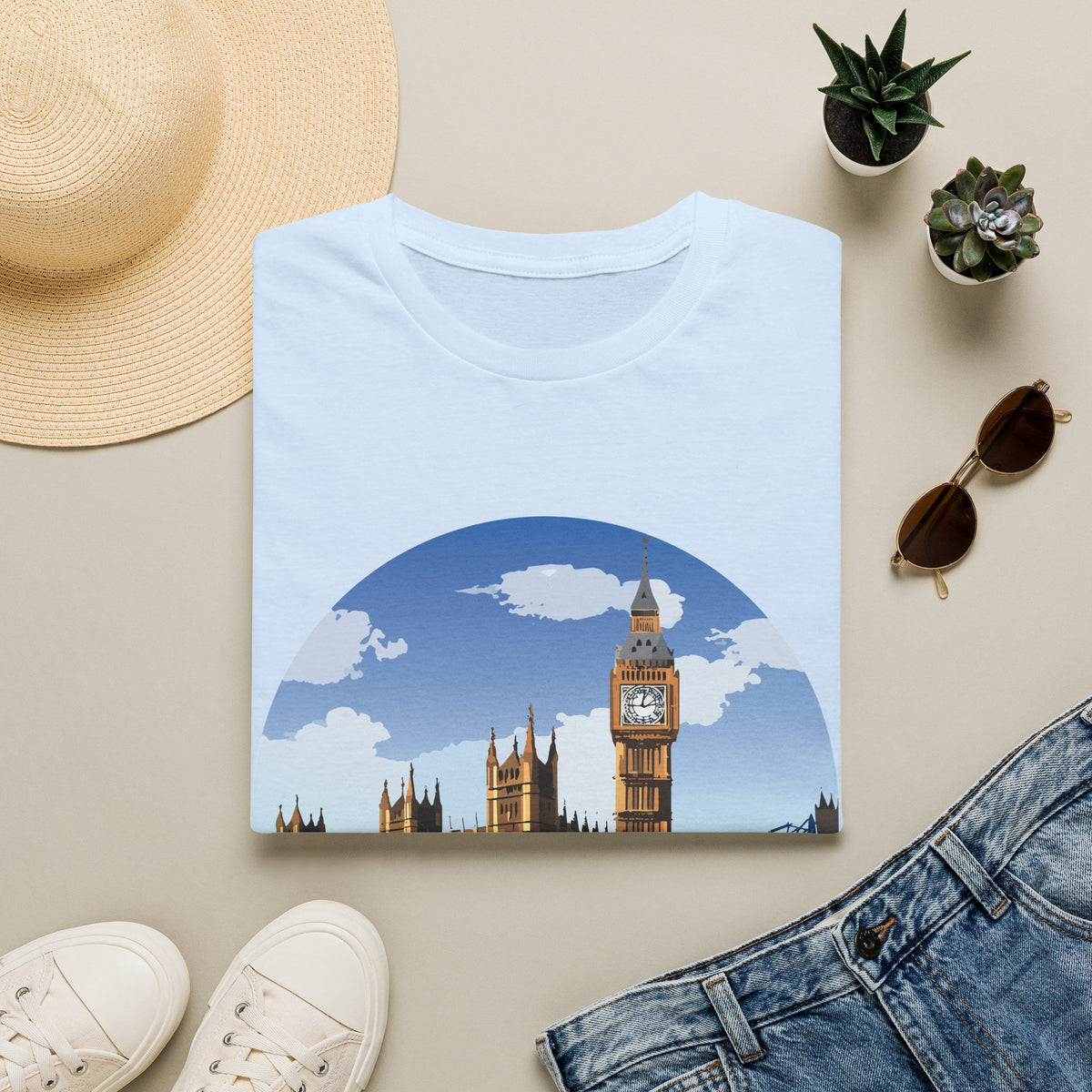 London Skyline Big Ben Illustration T-Shirt | Double Decker Bus, Bridge