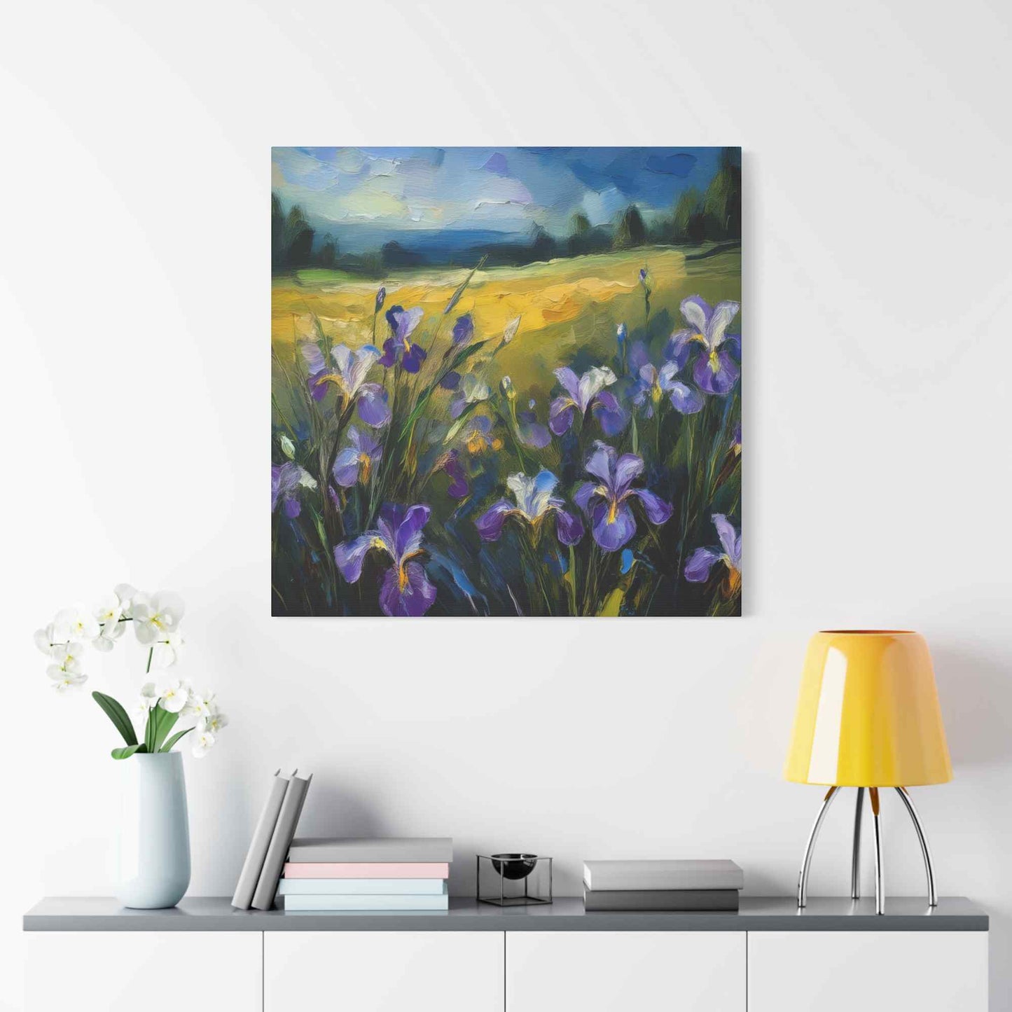 Irises Floral Print Canvas, Floral Oil Paint Print 20x20, 24x24, 30x30, 32x32, 36x36 Art Design Pine-Wood Inner Frame MC-182