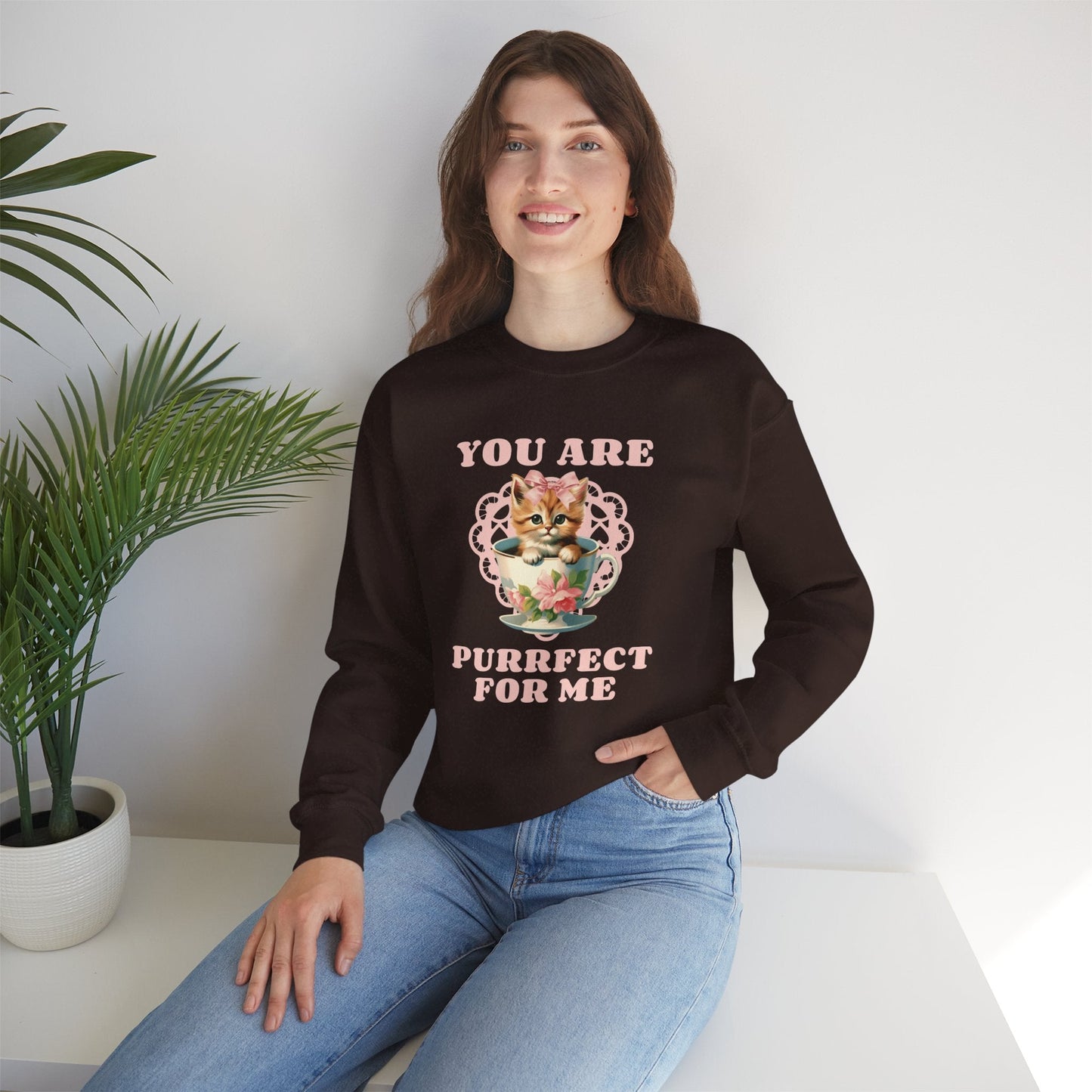 Cat Sweatshirt With Heart Print Valentines Day Unisex 50 50 Cotton Poly Crewneck