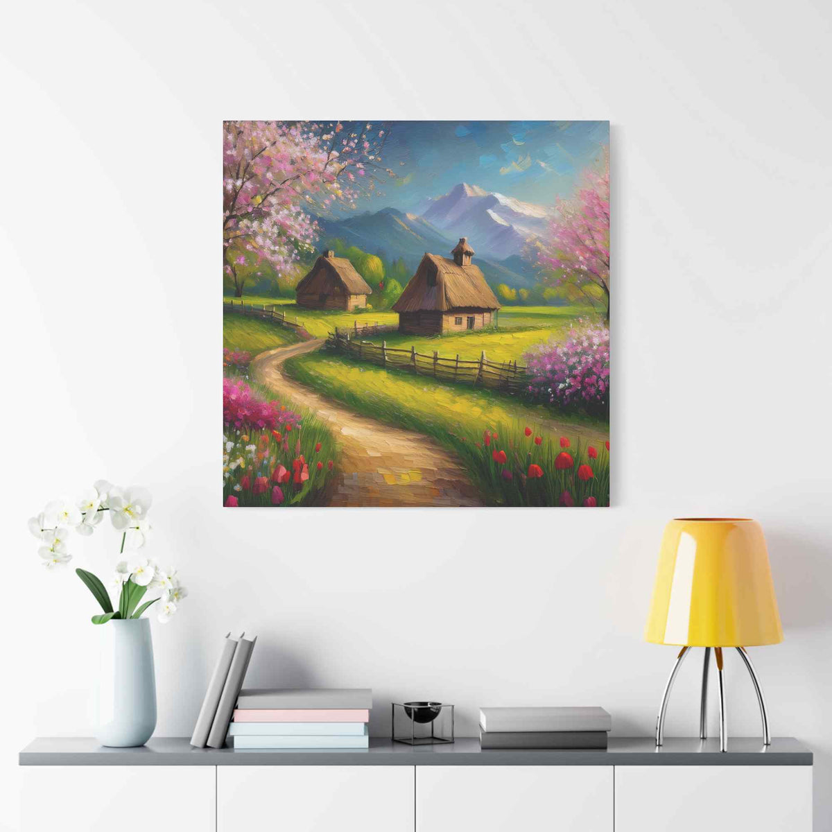 Countryside Spring Print Canvas, Oil Paint Print 20x20, 24x24, 30x30, 32x32, 36x36 Art Design Pine-Wood Inner Frame MC-108