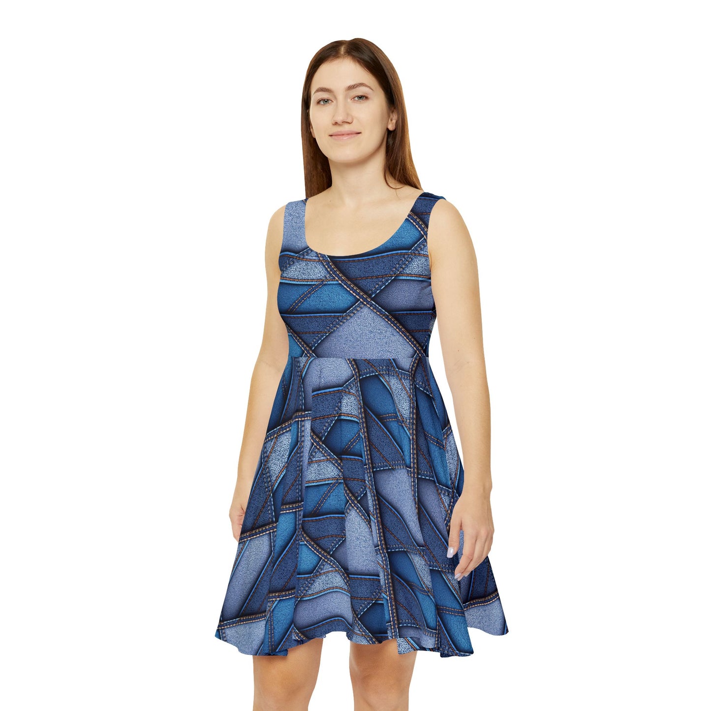 Women Denim Print Skater Dress, Denim Print Poly-Span Dress - 23