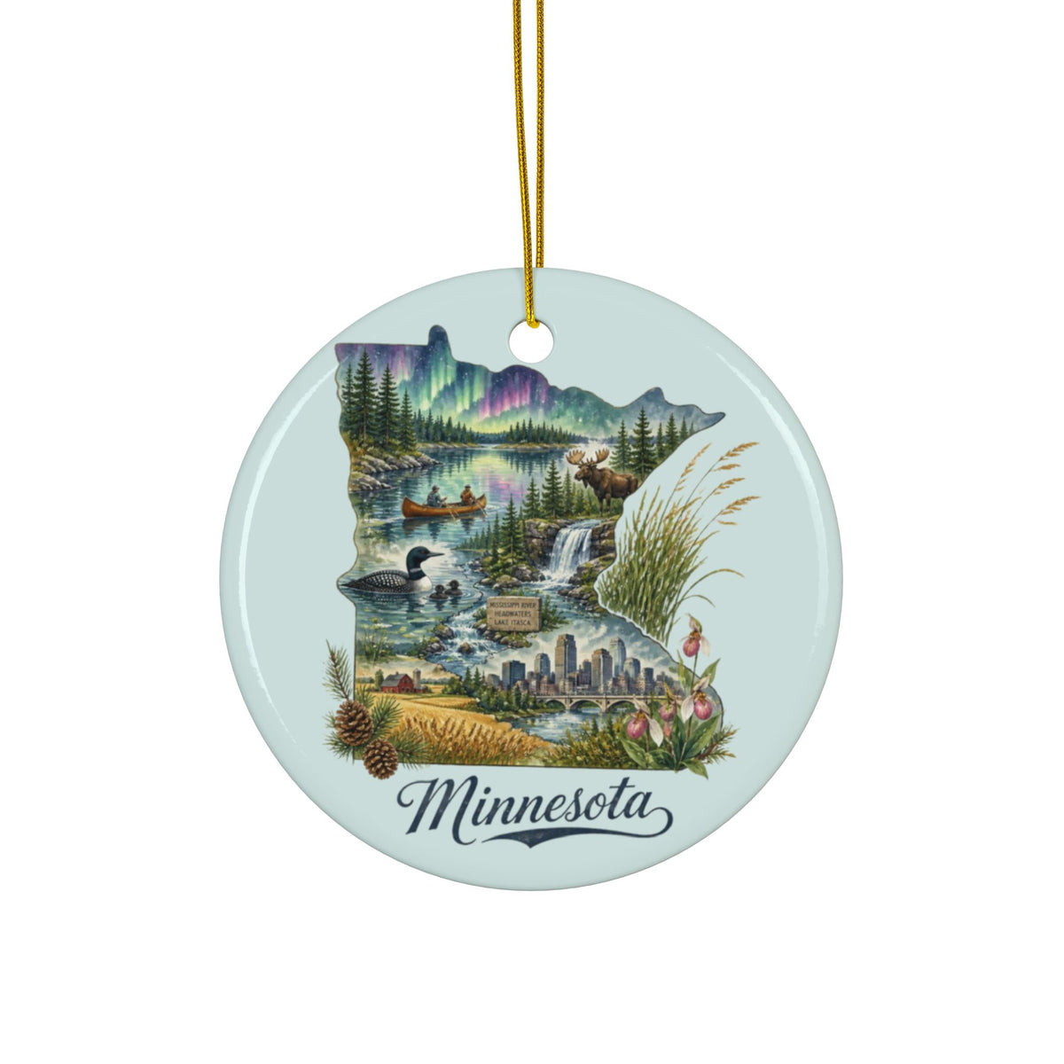 Minnesota Scenic State Illustration Ornament | Round Ceramic Ornament - 2.99" Includes Gold String