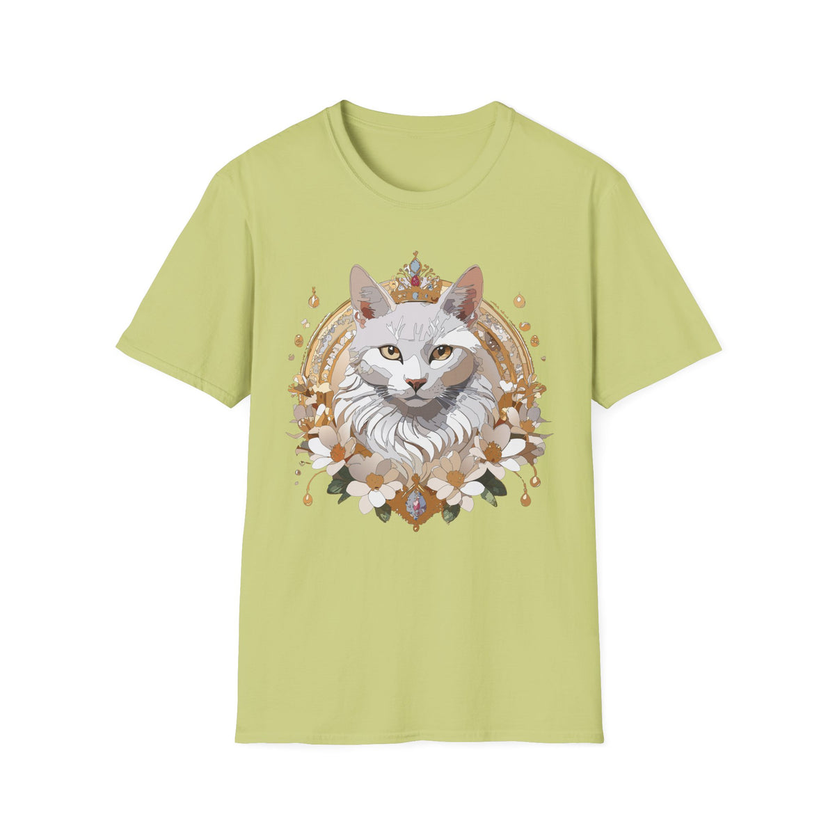Regal White Cat Illustration T-Shirt | Crowned Feline Art