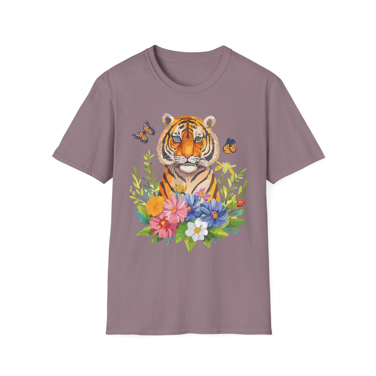 Tiger Portrait T-Shirt | Watercolor Tiger with Butterflies and Floral Accents Graphic Tee Unisex 100 Cotton Gildan T-Shirt