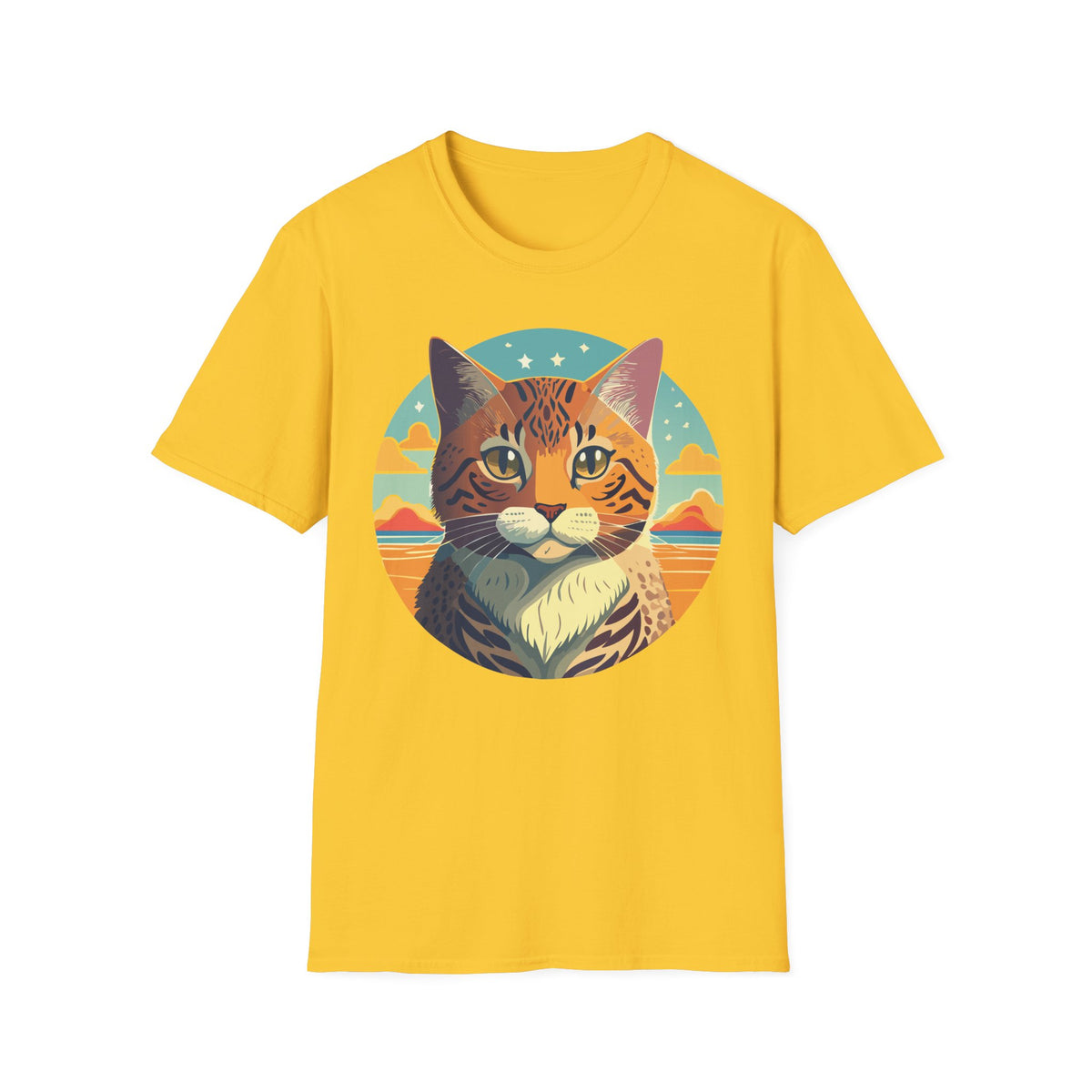Retro Tabby Cat Illustration T-Shirt | Vintage Sunset Cat Tee