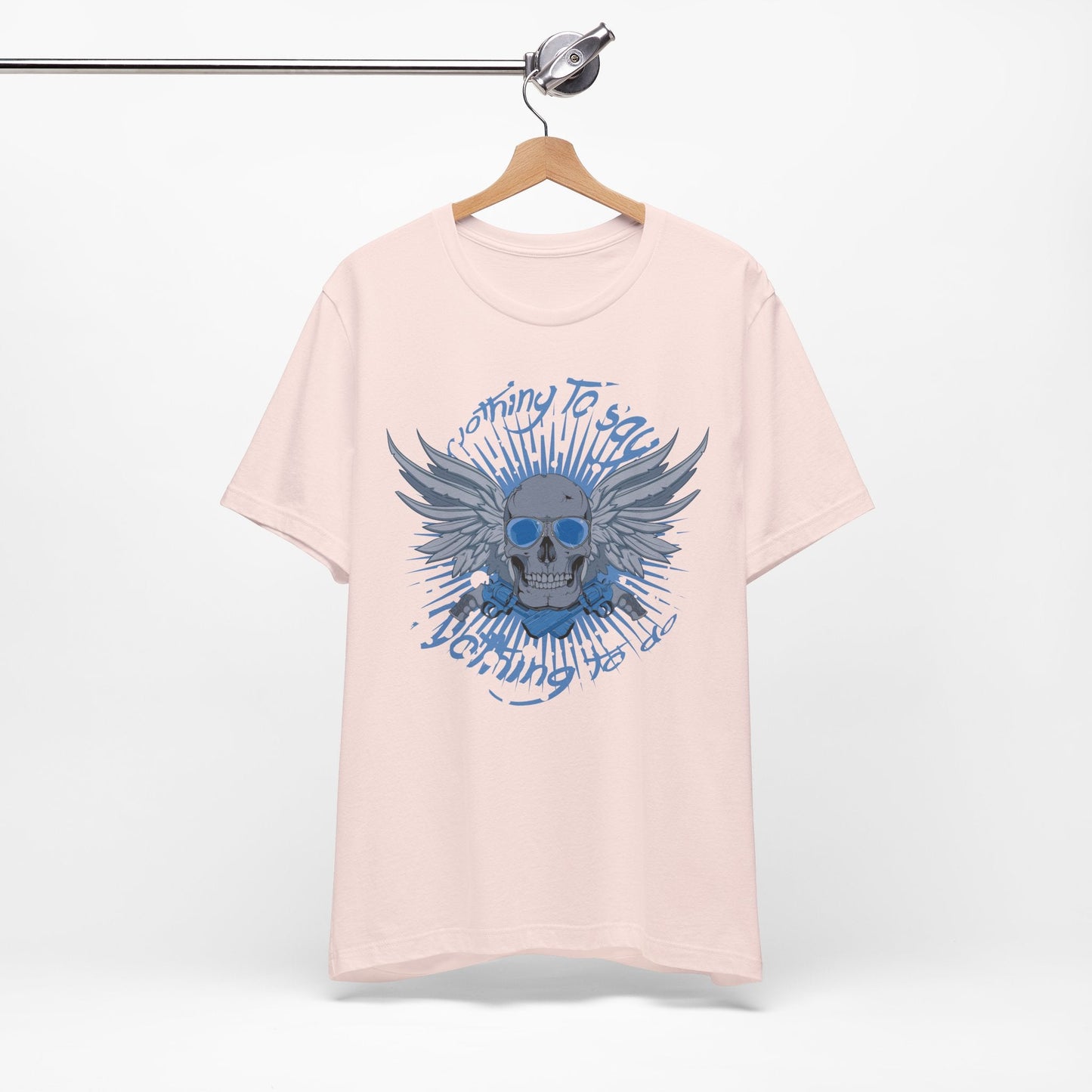 Winged Skull Graphic Tee | Blue Skull with Wings, Radiant Burst