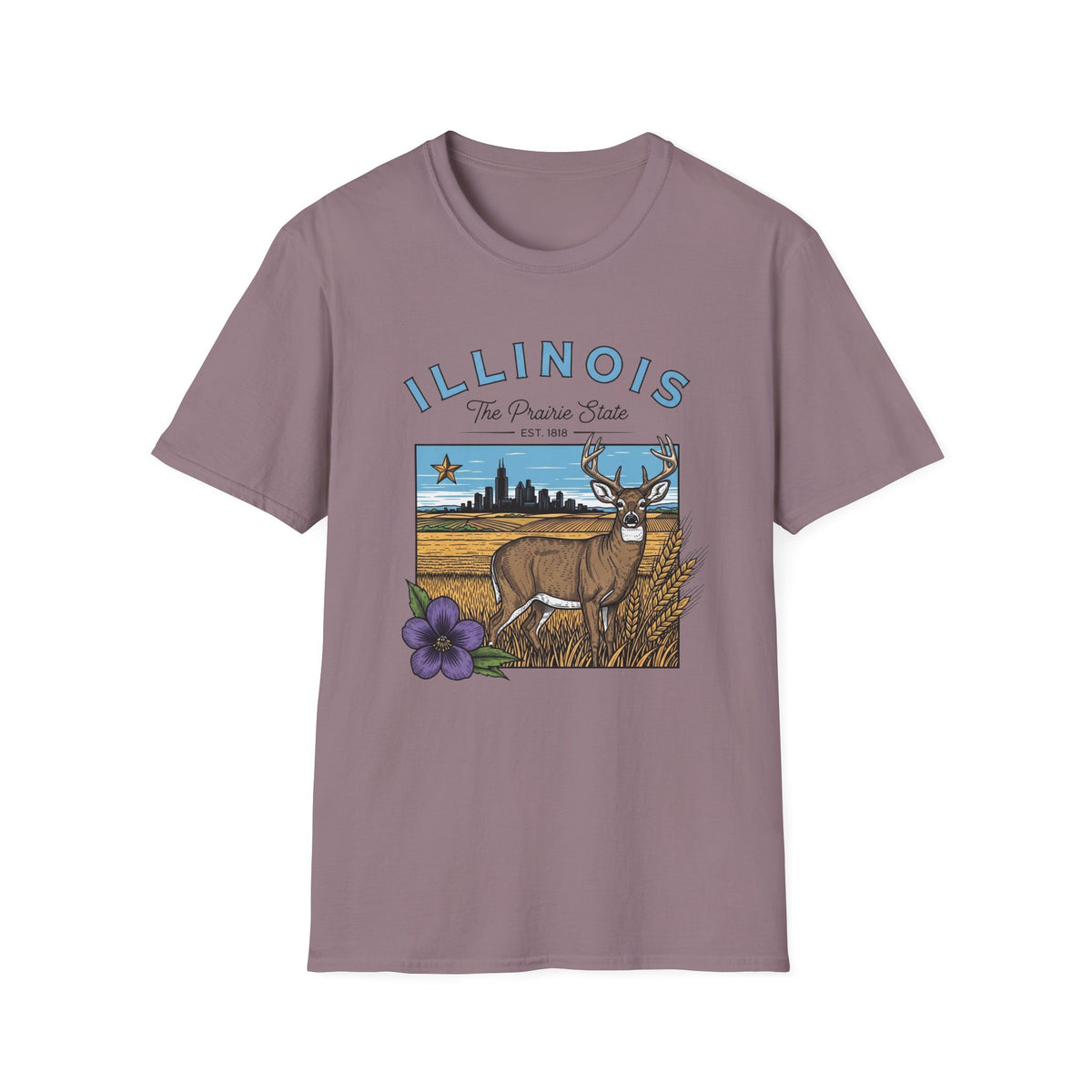 Illinois Deer State T-Shirt — The Prairie State Travel Tourist Graphic Design Unisex 100 Cotton Gildan T-Shirt