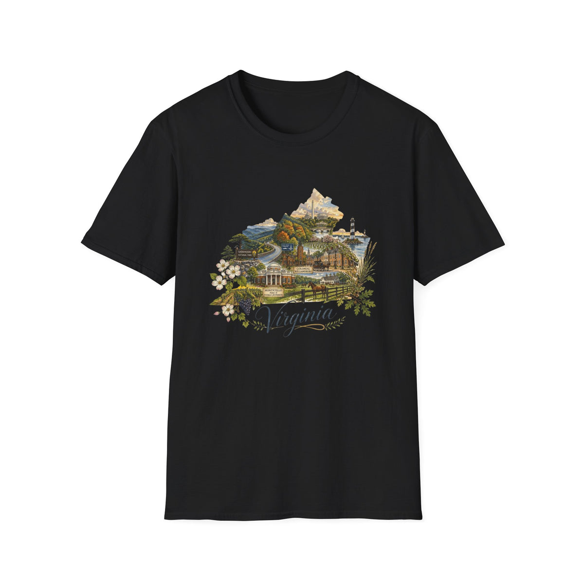 Virginia State Scenic T-Shirt — Vintage Mountains & Coastal Landmarks Travel Tourist Graphic Design Unisex 100 Cotton Gildan T-Shirt