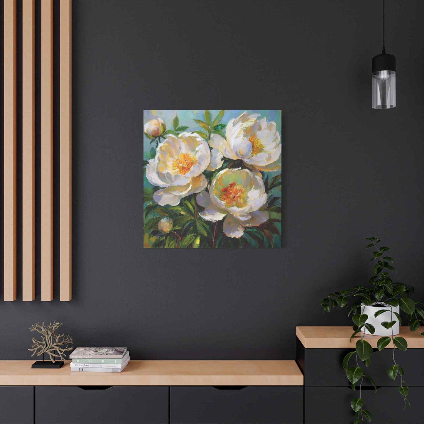 White Peonies Print Canvas, Floral Oil Paint Print 20x20, 24x24, 30x30, 32x32, 36x36 Art Design Pine-Wood Inner Frame MC-117
