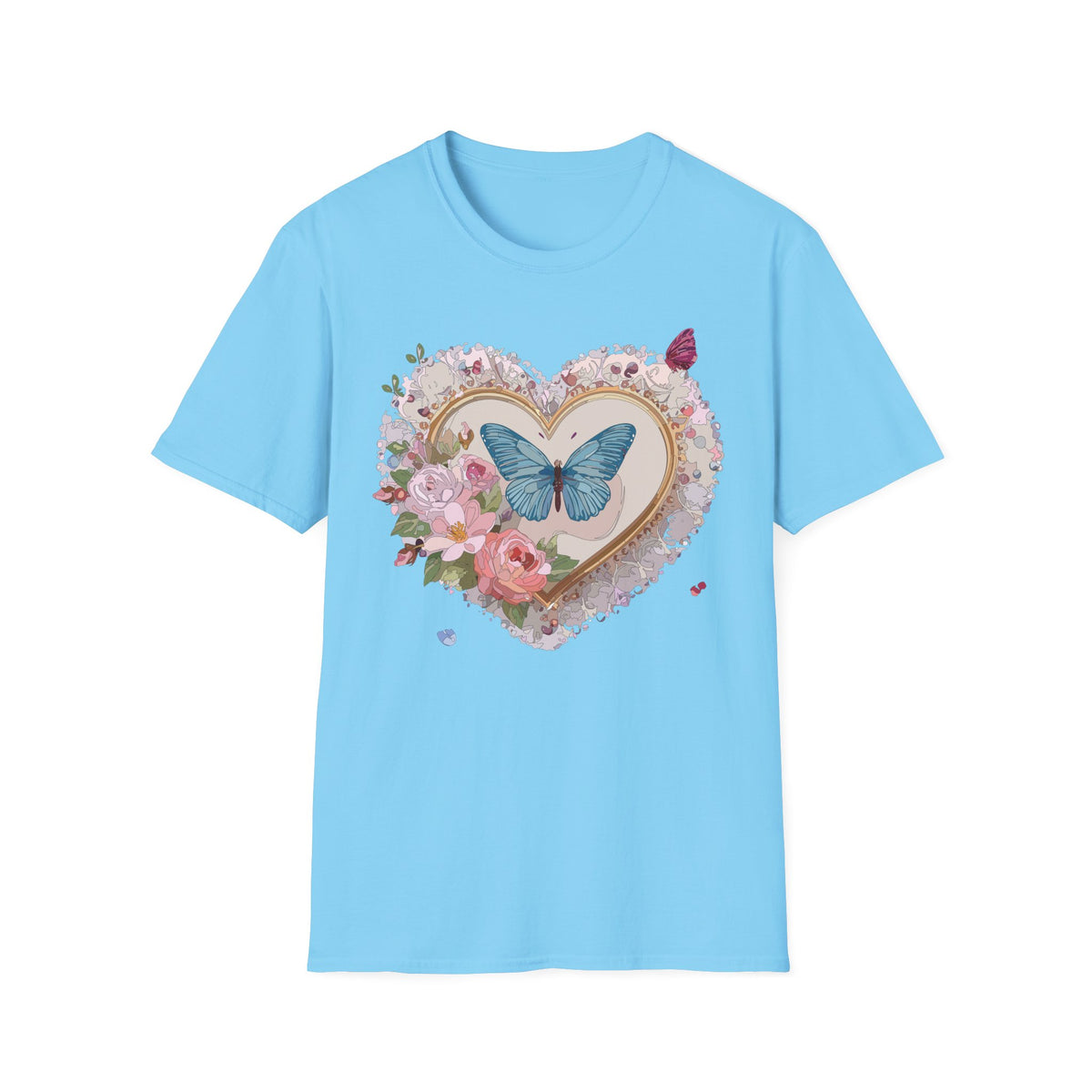 Butterfly Heart T-Shirt — Floral Blue Butterfly Graphic Tee Unisex 100 Cotton Gildan T-Shirt