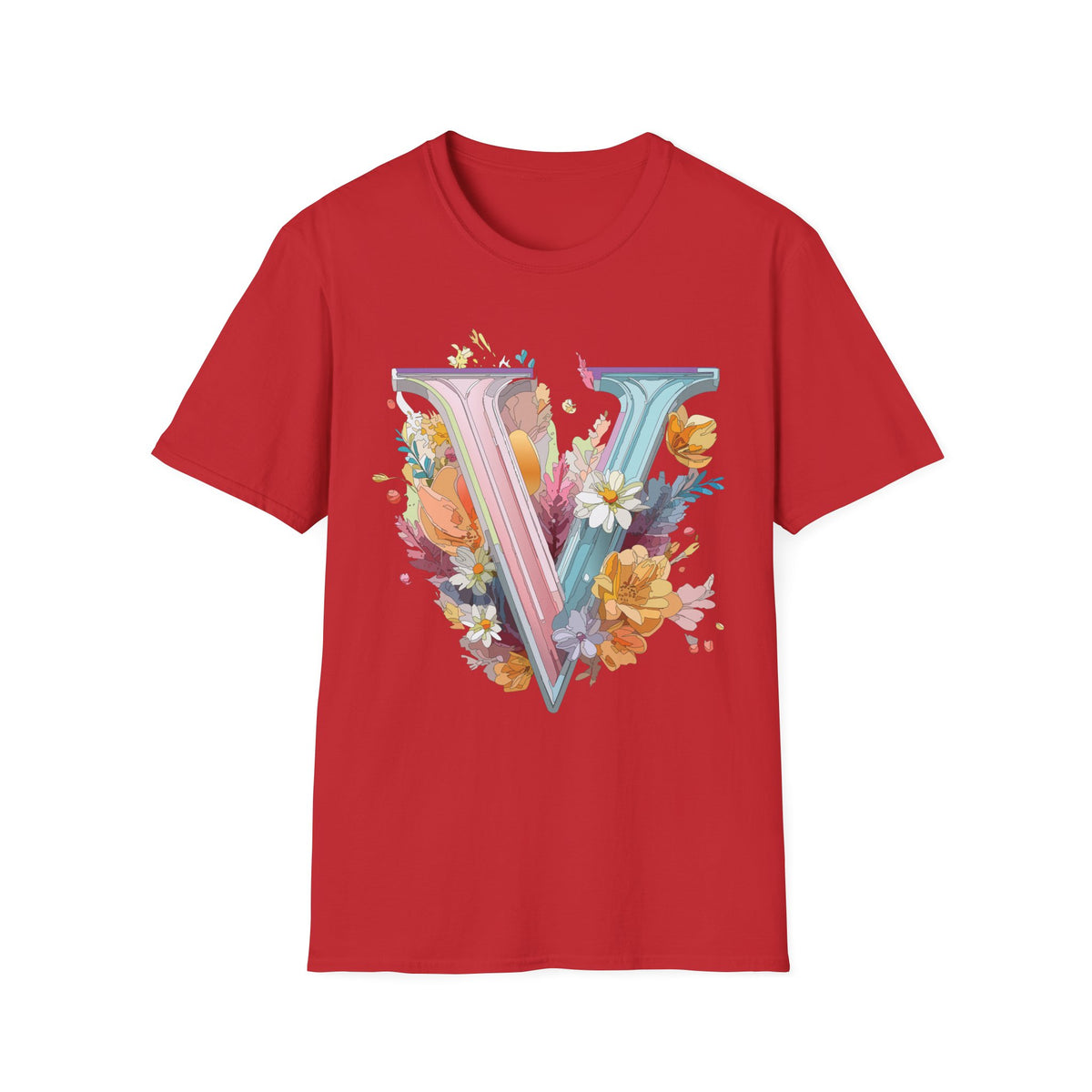 Floral Letter V T-Shirt | Pastel Botanical Initial Tee